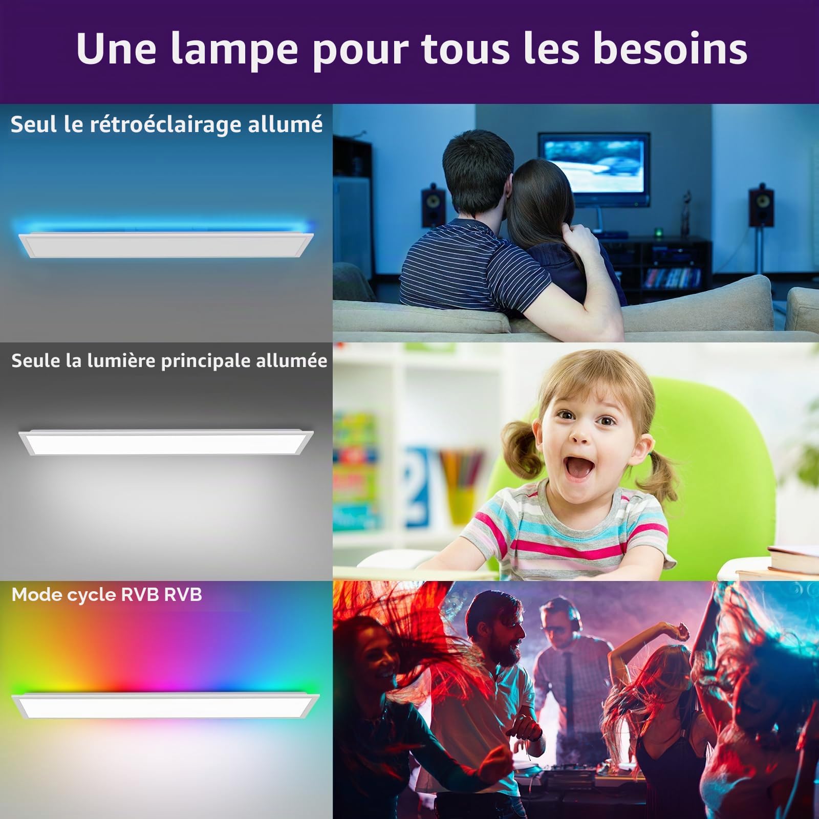 Oraymin Panneau LED Plafonnier Dimmable 120x30 cm avec rétroéclairage RGB, 40W 4800LM, Plafonnier avec télécommande et fonction mémoire, lampe 3000K-6500K pour salon, chambre, cuisine et bureau