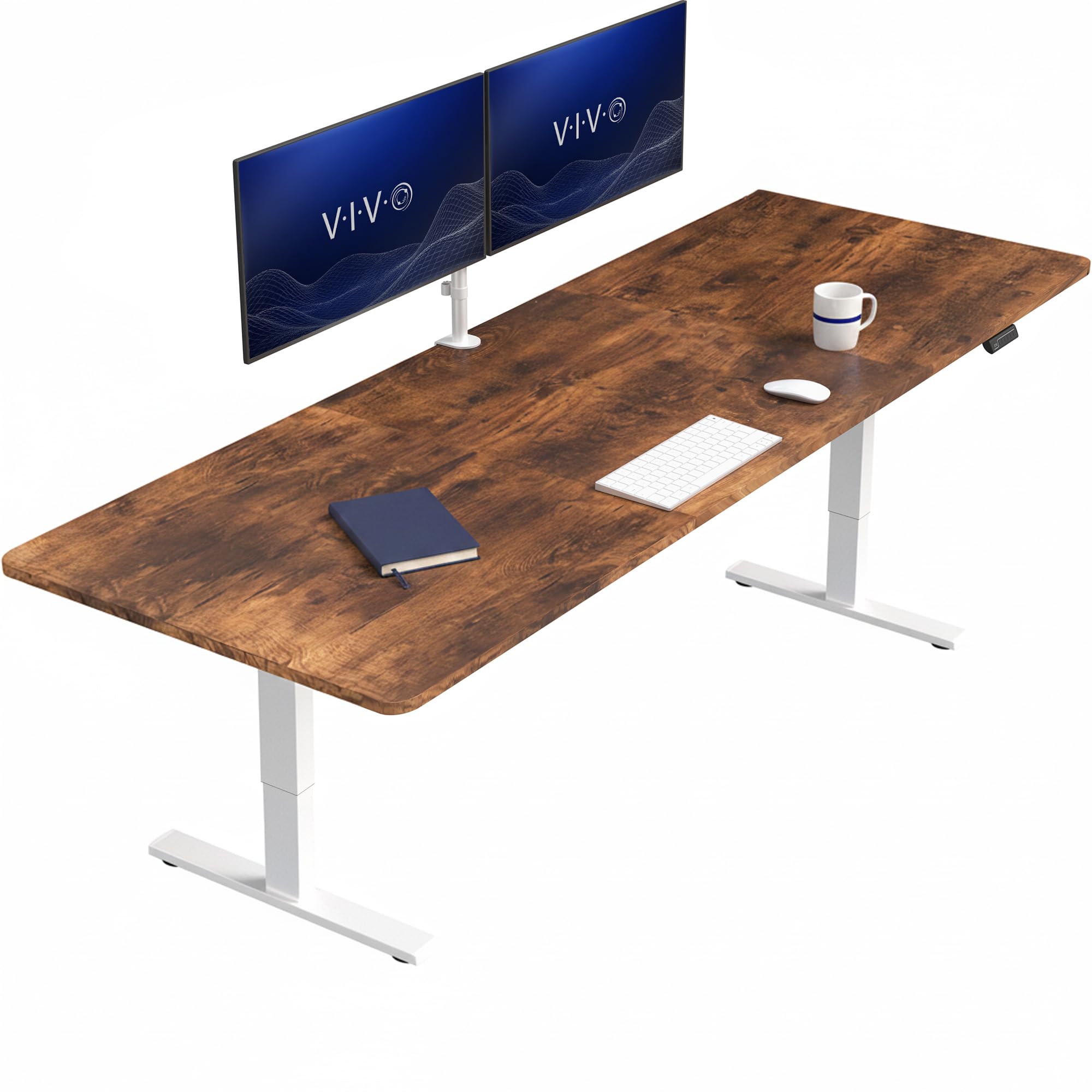 VIVO Rustic Vintage Brown 83 x 30 in Standing Desk, DESK-KIT-1W8N | Electric, Holds 220 lbs, Sit Stand, Height Adjustable, Extra Deep Table Top, Memory Presets, 1B Series, White Frame