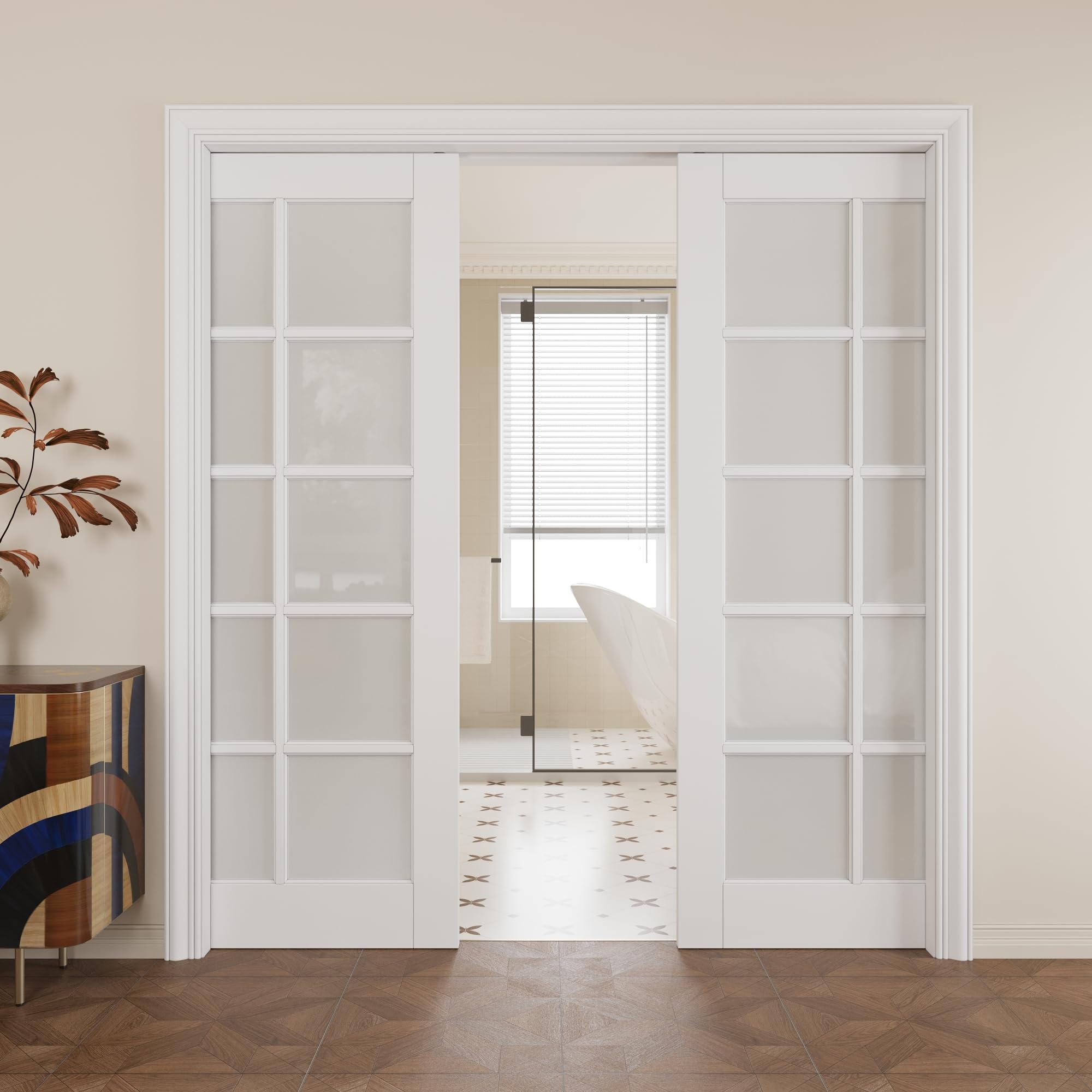 Pocket Door,10-Lite Frosted Glass Doors,Solid Door,64x80 Door