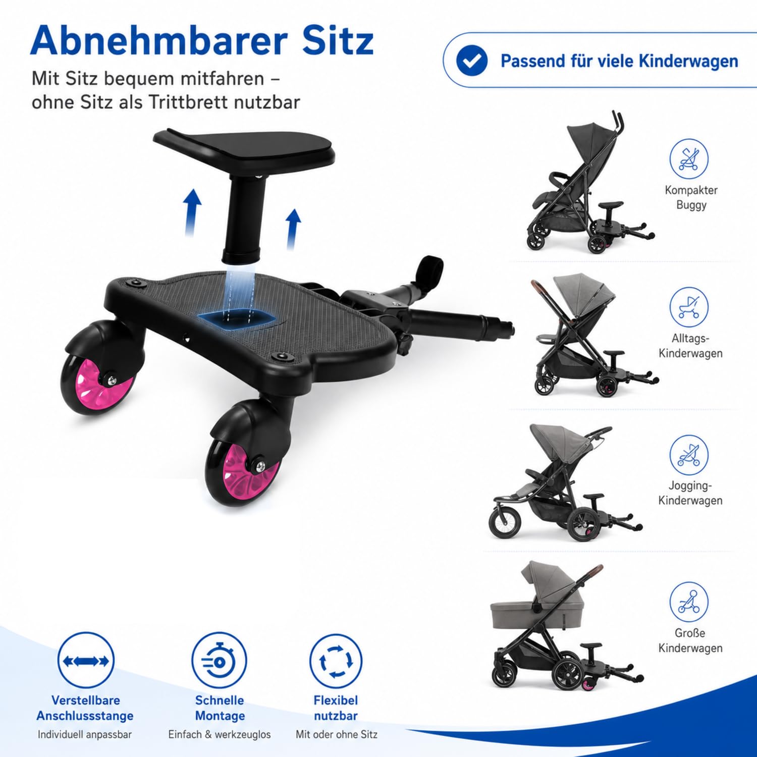 Kiddy Planche universelle pour poussette avec siège, rose | Planche de poussette pour 2-6 ans, siège amovible, planche jusqu'à 25 kg, design à deux roues à 360°