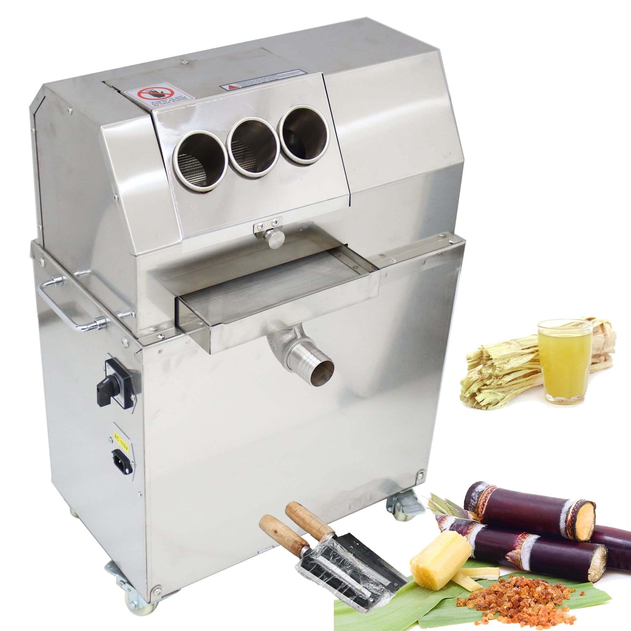1500W 3-Roller Stainless Steel Sugarcane Juicer Machine Commercial Electric Sugar Cane Press Extractor 3 Feed Inlets with 2