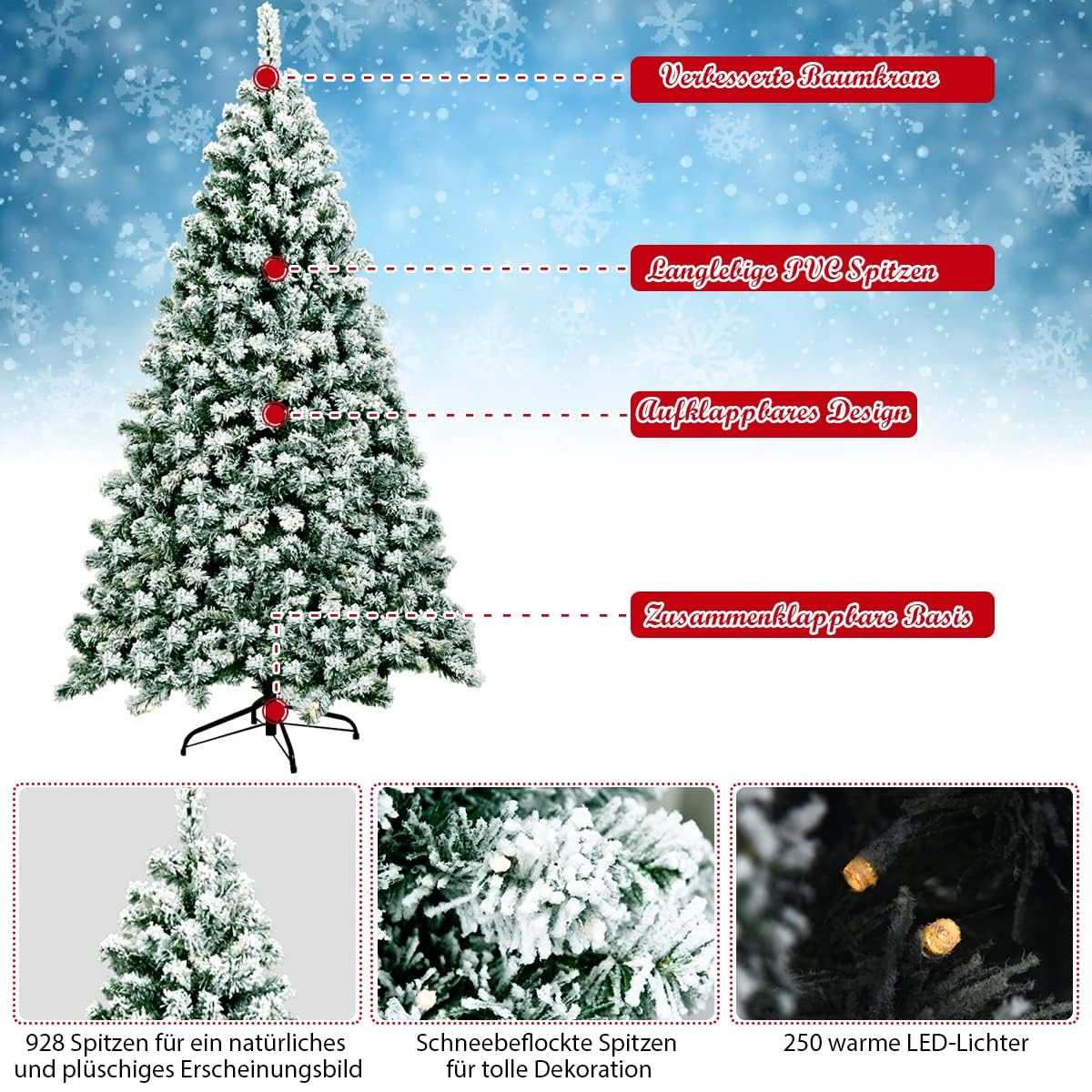 COSTWAY 135/180/225cm Künstlicher Weihnachtsbaum mit Schnee und warmweißen LED-Leuchten, Tannenbaum mit Metallständer, Christbaum PVC Nadeln, Kunstbaum Weihnachten grün (180cm)