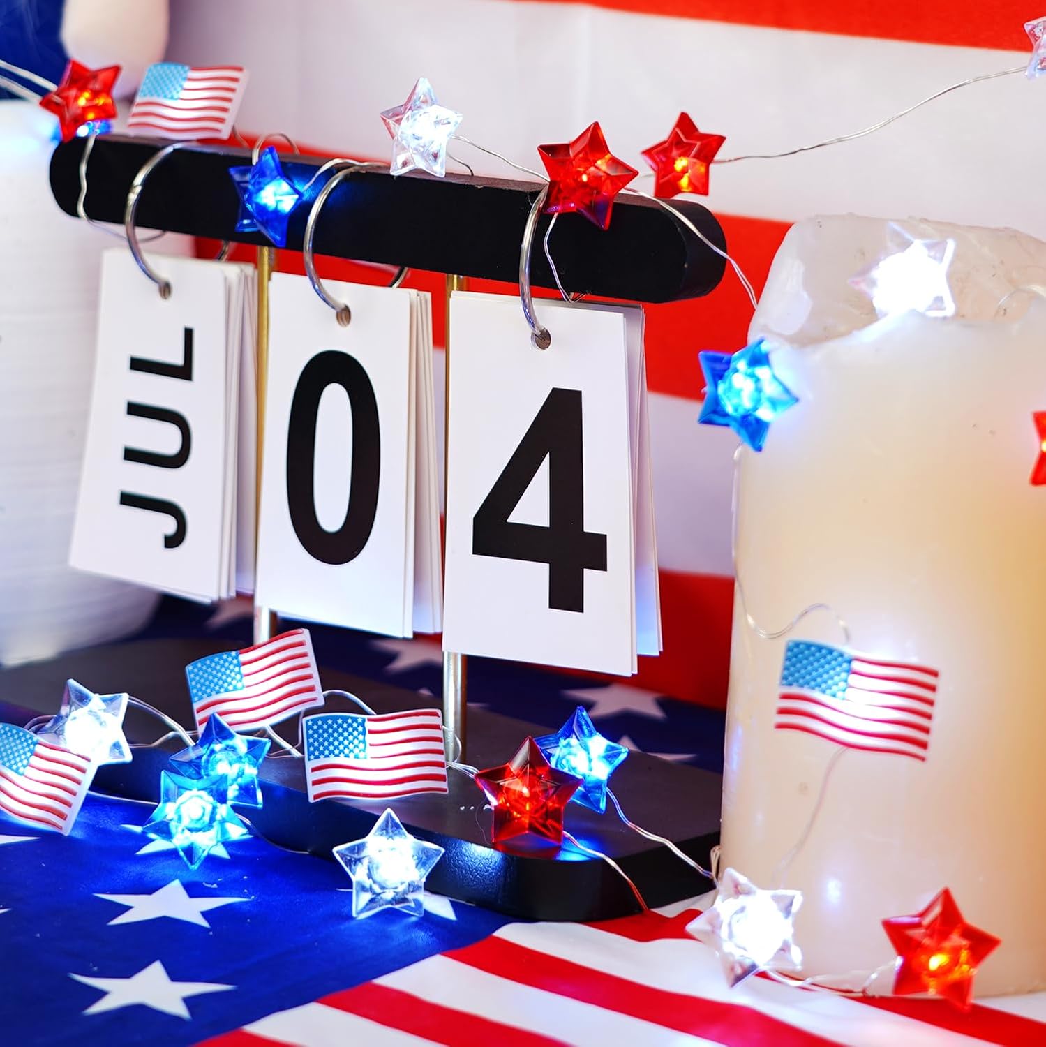 4th of July Decorations Red White and Blue Star American Flag Lights 40 LED | 13FT Fairy String Lights Battery Operated with Timer Fourth of July Decor for Memorial Day Independence Day Patriotic