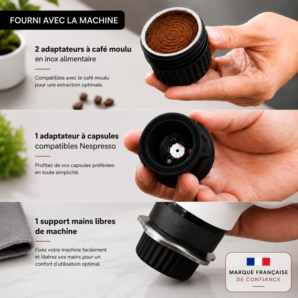 Kavari Machine à Café Portable Compacte Espresso italien 20 Bars | Cafetière portable 2 en 1 capsules Nespresso® & café moulu se recharge en USB-C et est idéale en voyage, voiture ou camping.
