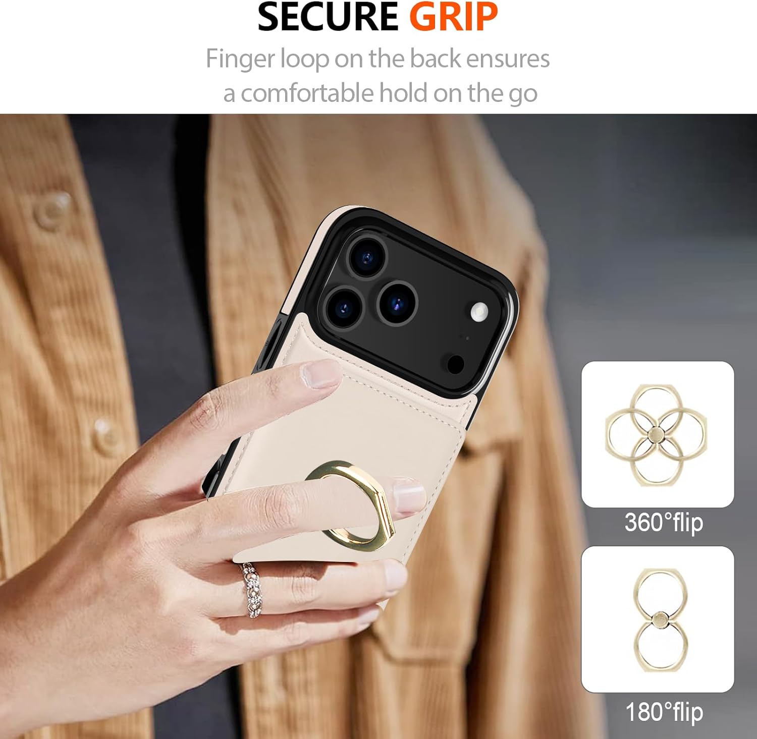 LOHASIC for iPhone 17 Pro Case Wallet with Card Holder, 360° Rotation Ring, RFID Blocking, 5 Card Slots, PU Leather 6.3" Cover for Apple 17 Pro Men Women, Ivory White