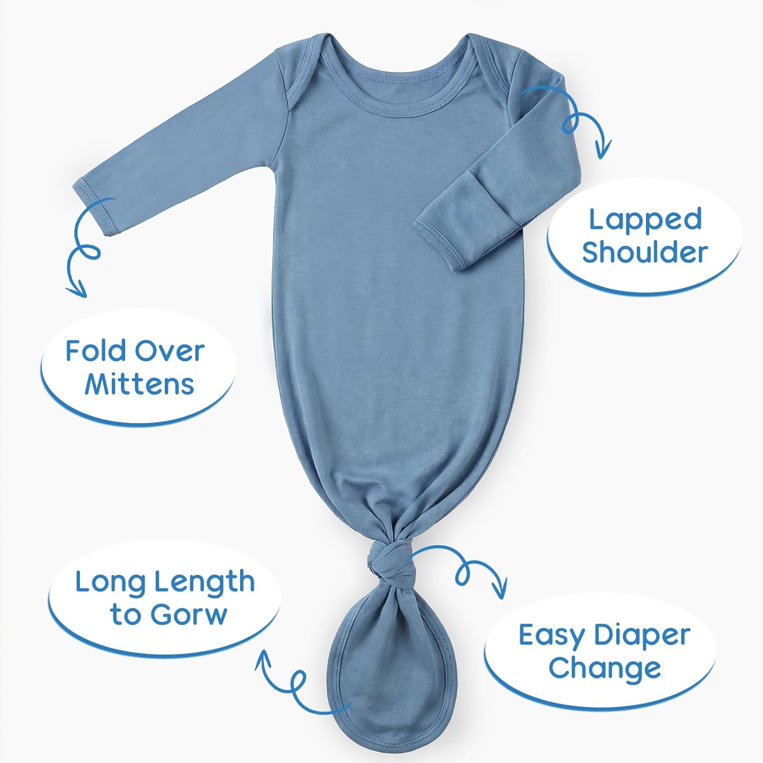 Baby Newborn Knotted Gown 0-6 Months, Super Soft Infant Long Sleeve Sleepwear for Girl and Boy, Baby Coming Home Hospital Outfit with Hat Set Blue - Image 8