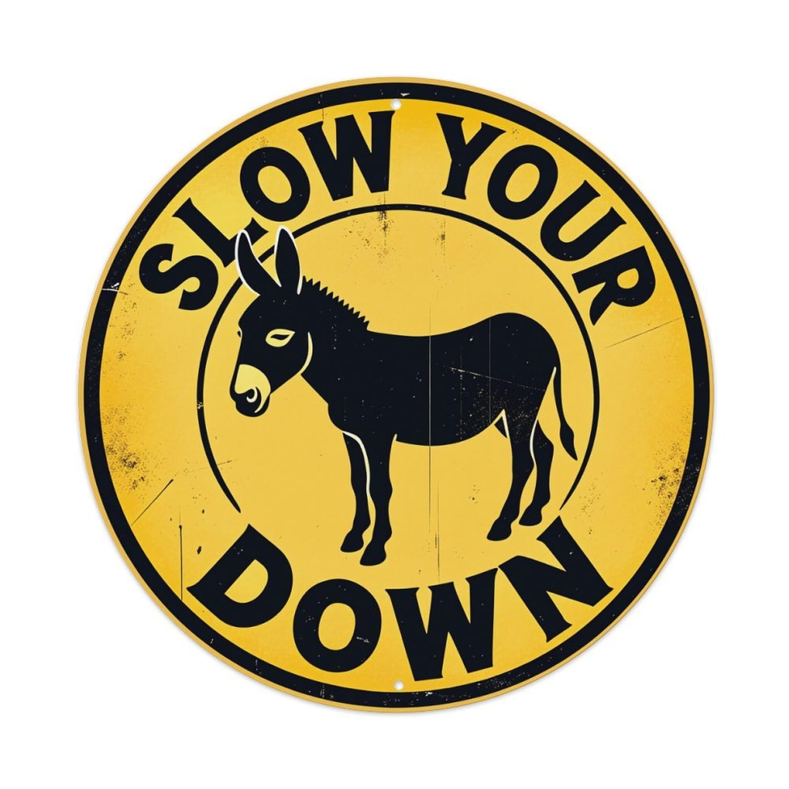 Donkey Sign Warning Yellow Black Round Tin Sign Vintage Metal Poster, Home Bar Garage Man Cave Cafe Indoor & Outdoor Wall Decoration 8x8Inches