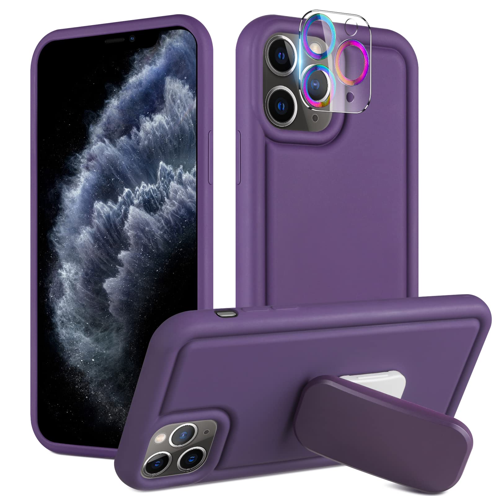 HoneyAKE for iPhone 11 Pro Max Case with Stand Tempered Camera Lens Protector, Liquid Silicone Phone Case Shockproof Anti-Scratch Soft Back Protective Cover for iPhone 11 Pro Max Women Girls Purple