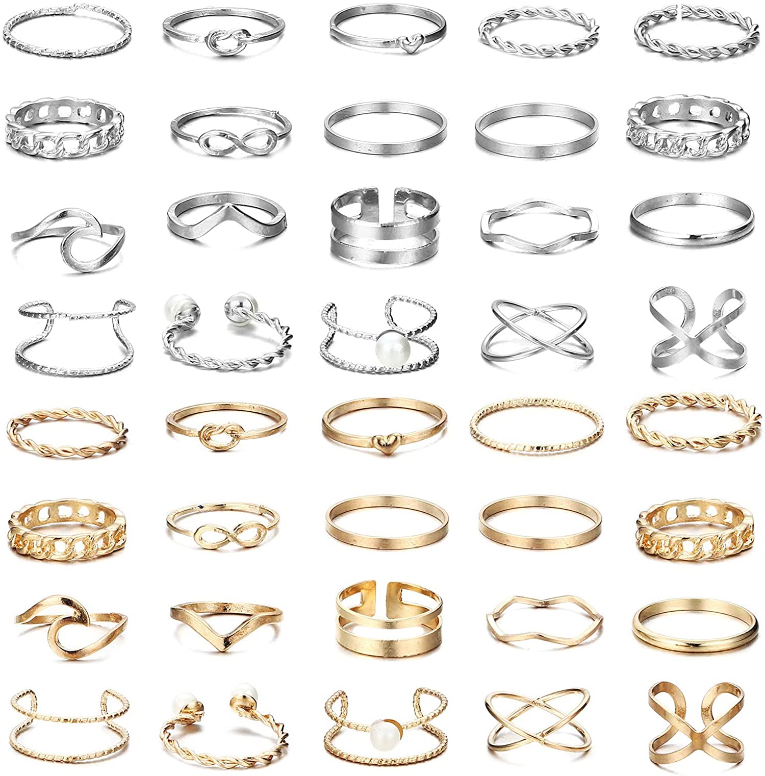 CASSIECA 20/40 pcs Vintage Gold Silver Knuckle Ring for Women Stackable Finger Rhinestone Seal Ring Set Retro Costume Jewellery