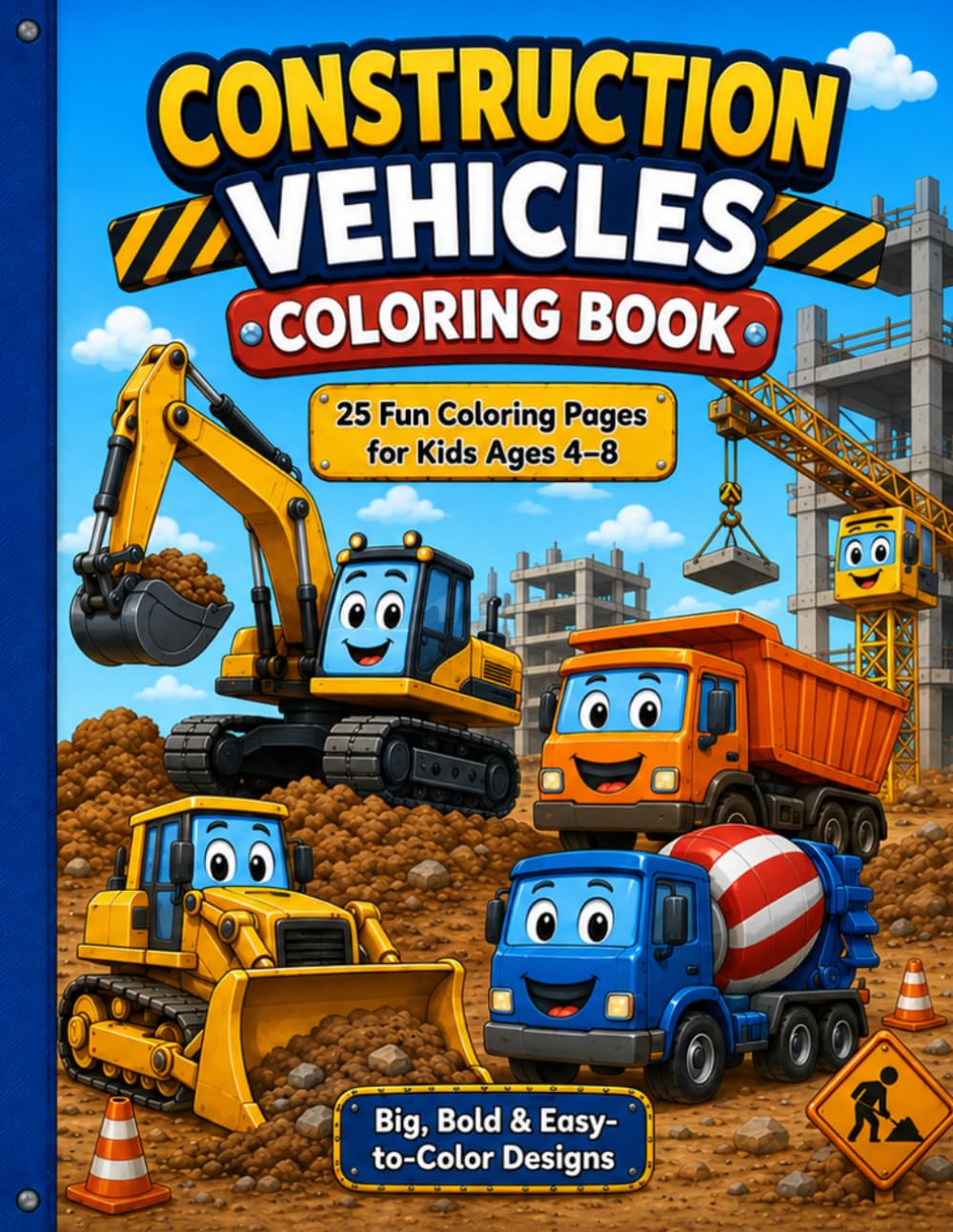 Construction Vehicles Coloring Book: 25 Fun and Easy Coloring Pages for Kids Ages 4-8
