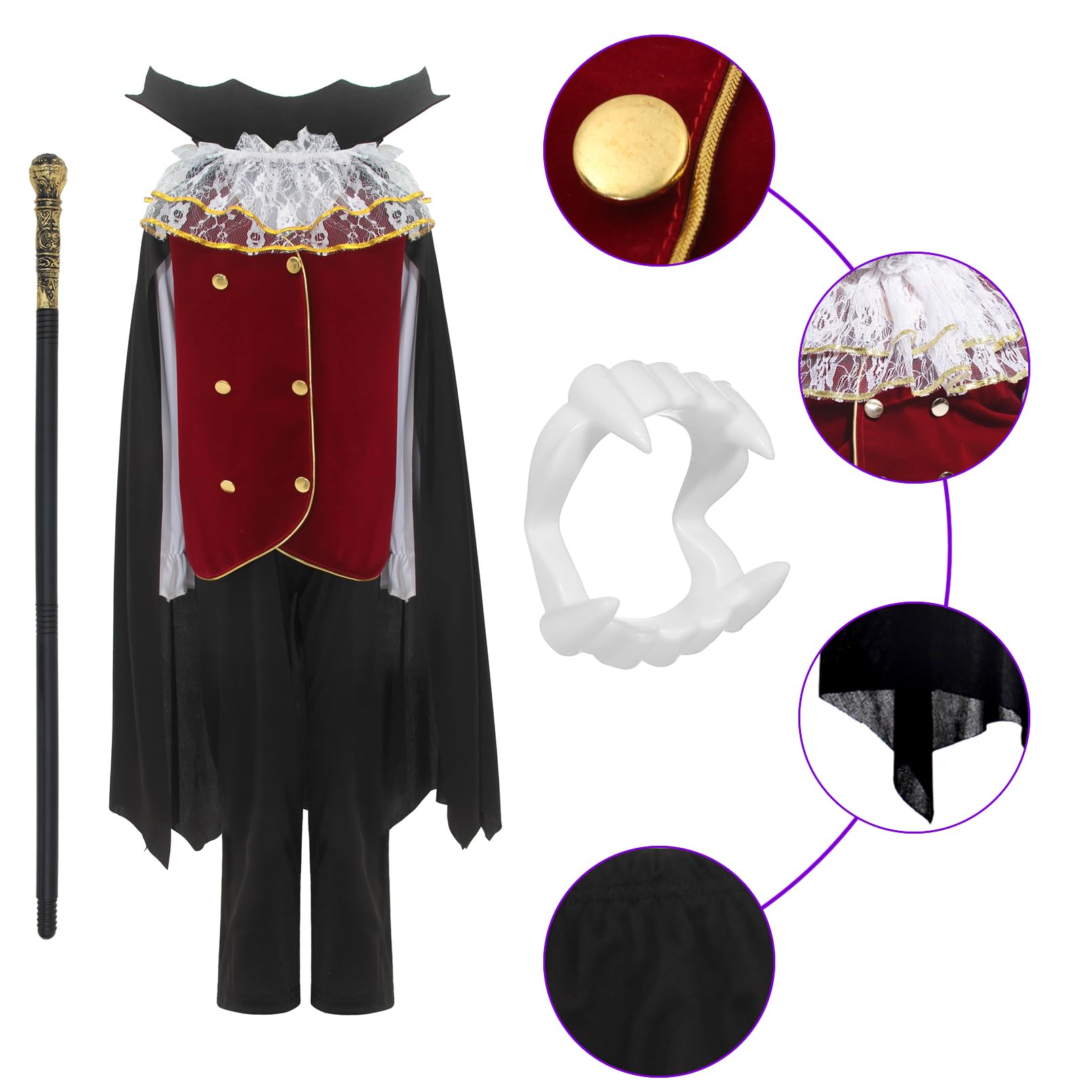 GEMVIE Costume da vampiro 4-12 Anni per bambini e ragazzi Dracula Twilight Costume di Travestimento Royal Halloween Carnevale Mantello Vampiro Cosplay Nero