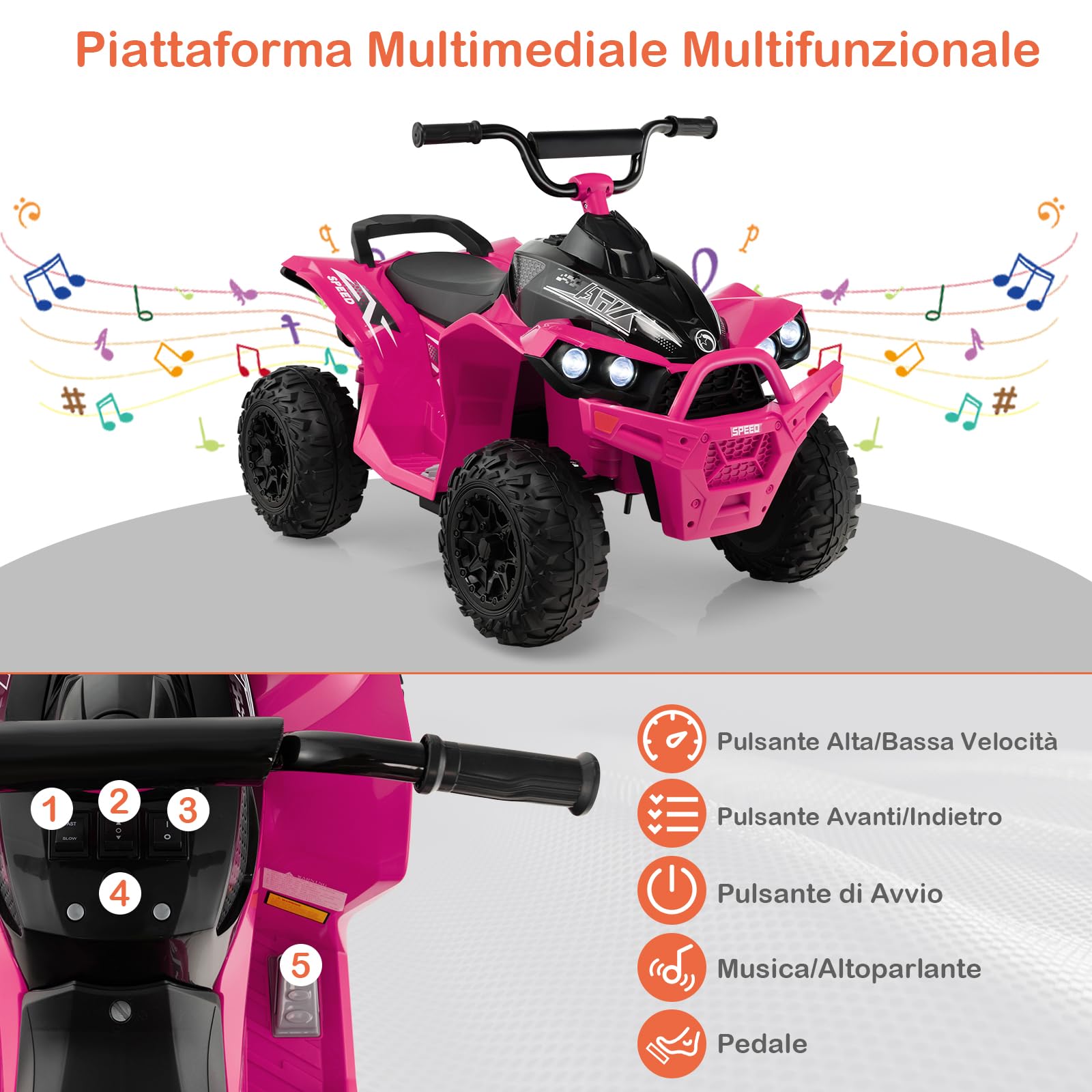 GYMAX Quad Elettrico per Bambini 12V, ATV Batteria con Velocità Alta/Bassa, Avanti/Indietro, Clacson, Musica, Fari a LED, Quadriciclo Motorizzato Giocattolo per Ragazzi dai 3 agli 8 Anni (Rosa)