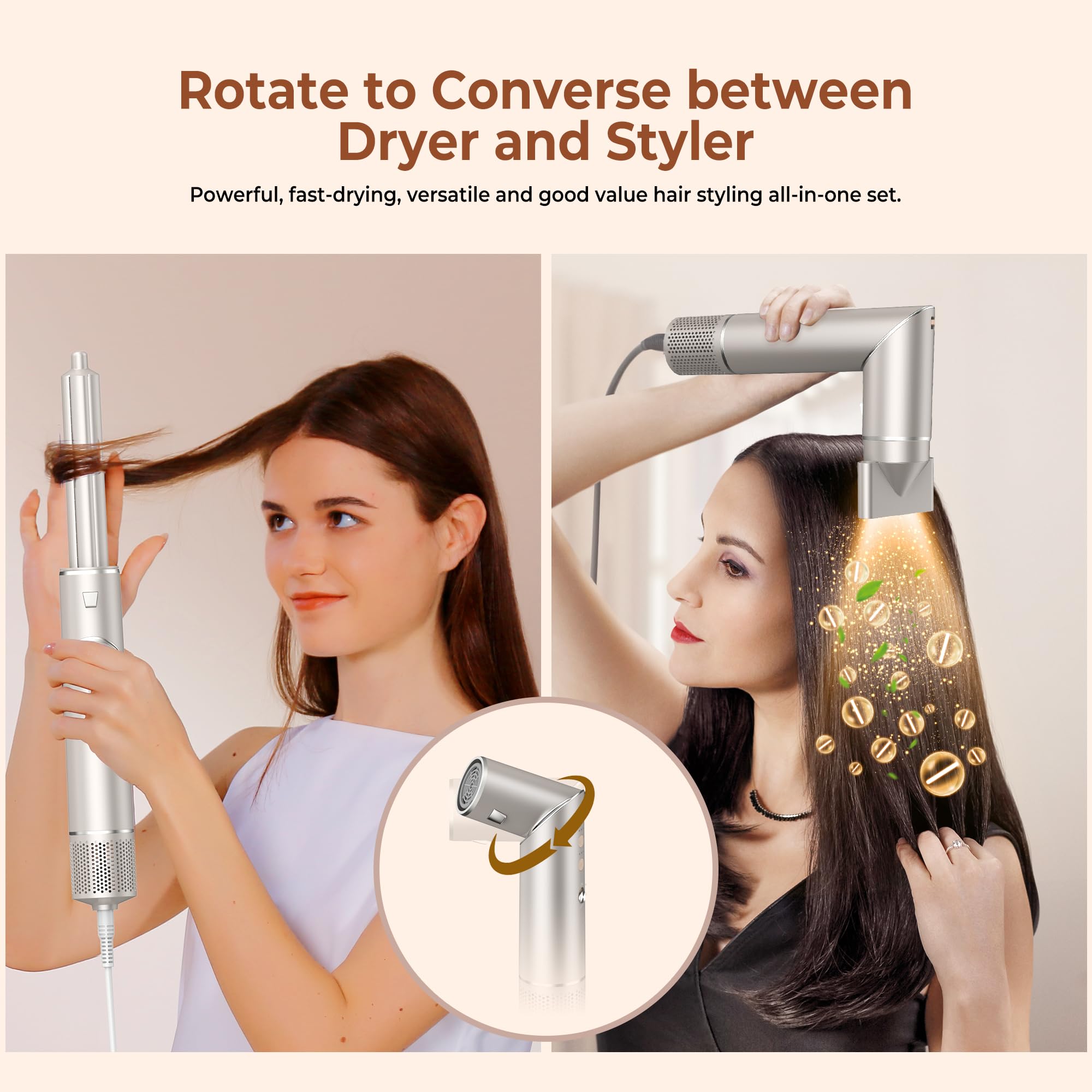 UKLISS 7 in 1 Pro Airstyler & Ionen Föhn [110,000RPM] High-speed Haartrockner Ionen Hair Dryer, mit Heißluft Lockenwickler Thermal Brush Haarglätterbürste Warmluftbürste Föhnbürste, 1200W/Gold
