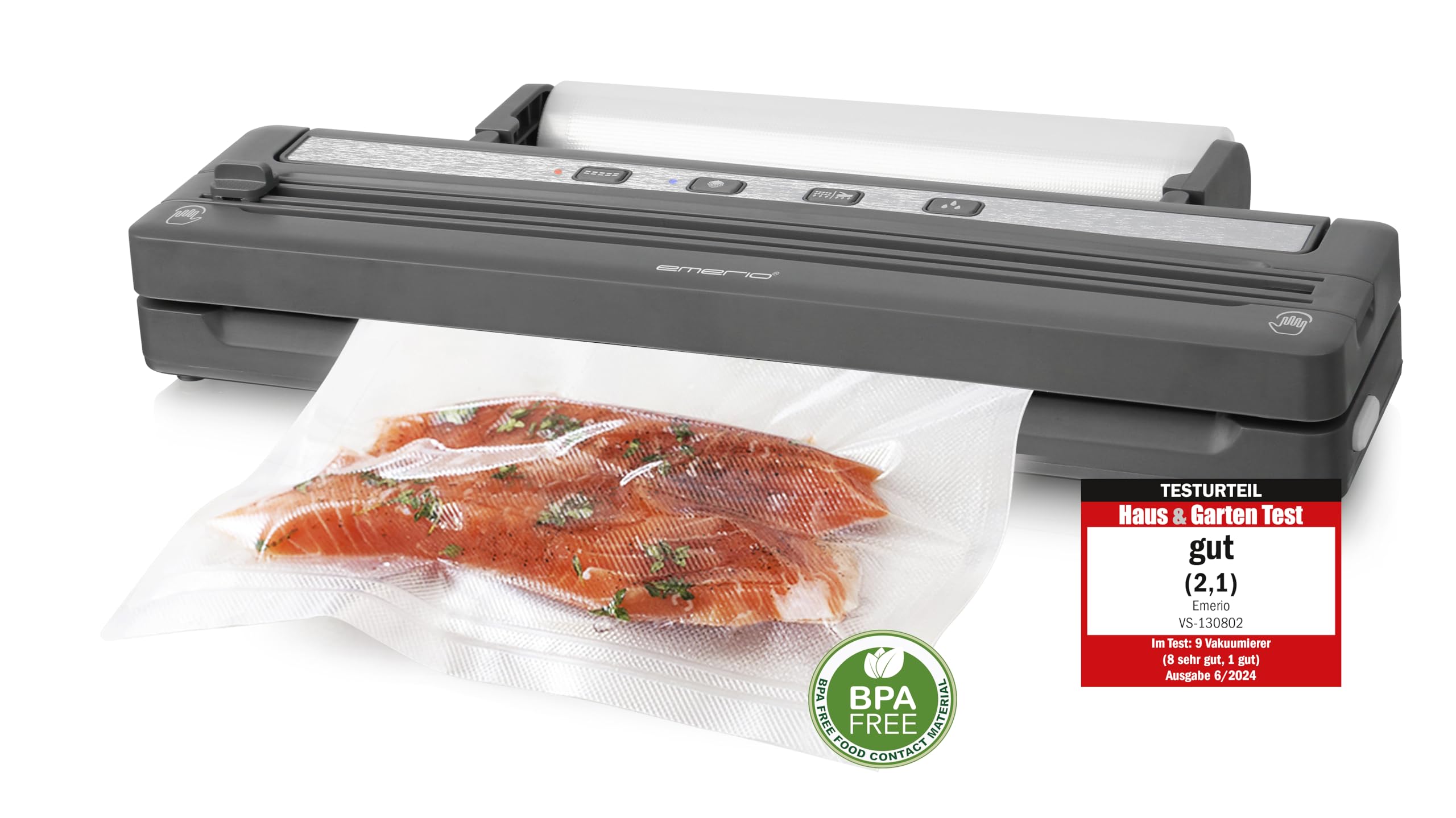 Emerio Vakuumierer mit TOP-Ausstattung – 6-in-1-Vakuumiergerät, inkl. 3 m Folienrolle und 5 Beutel (20x30 cm)