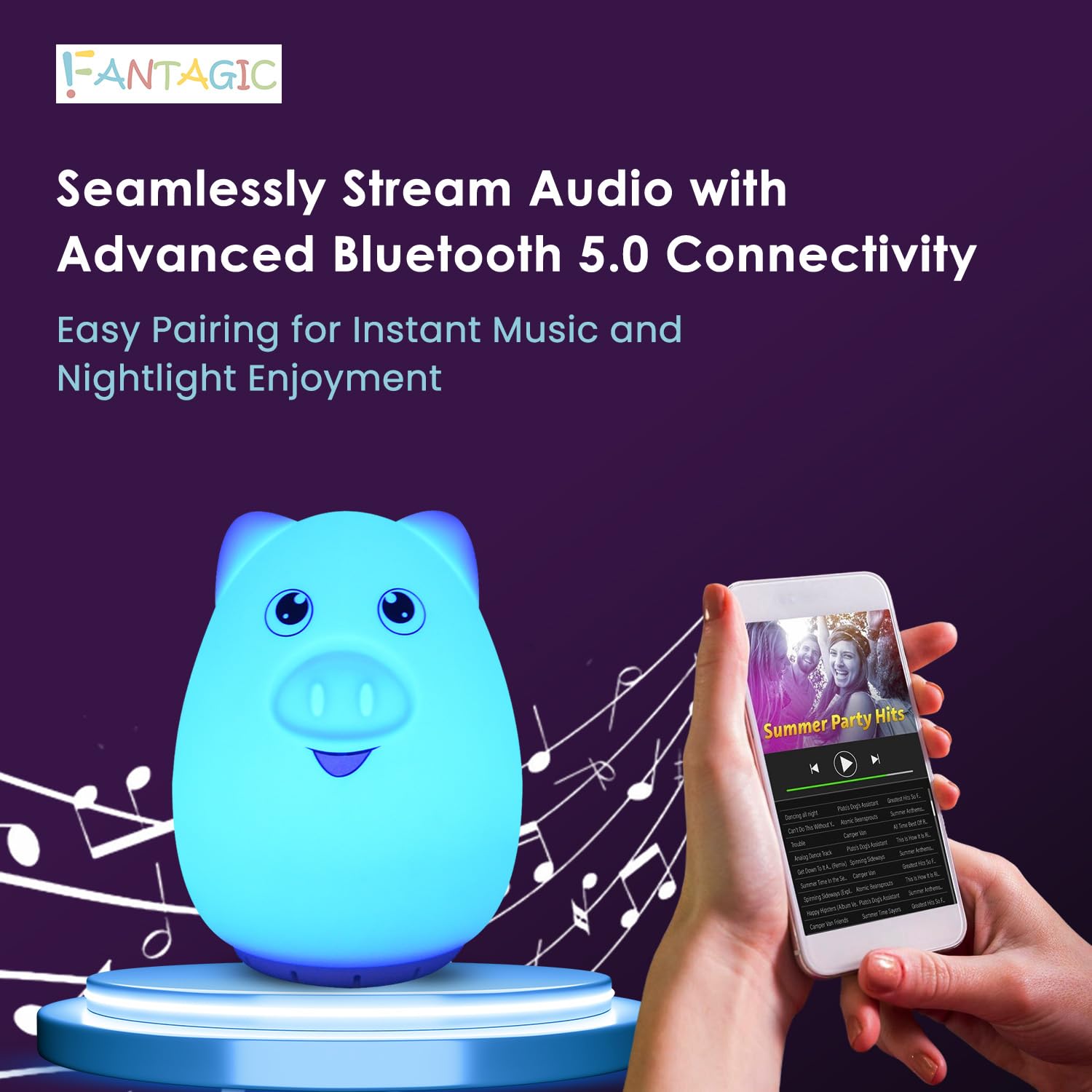 Altoparlante Bluetooth combinato e luce notturna con 9 emissioni di colore, silicone adatto ai bambini e senza BPA, ricarica USB, riceve audio da computer, telefono o tablet e include telecomando