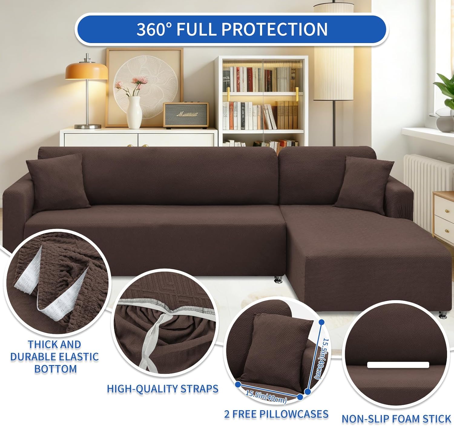 XINEAGE Sectional Couch Cover High Stretch L Shaped Sofa Cover 2 Pieces Non Slip Slipcover with Chaise Furniture Protector with 2 Pillowcases for Pets & Dogs (3 Seat Sofa + 3 Seat Chaise, Coffee)
