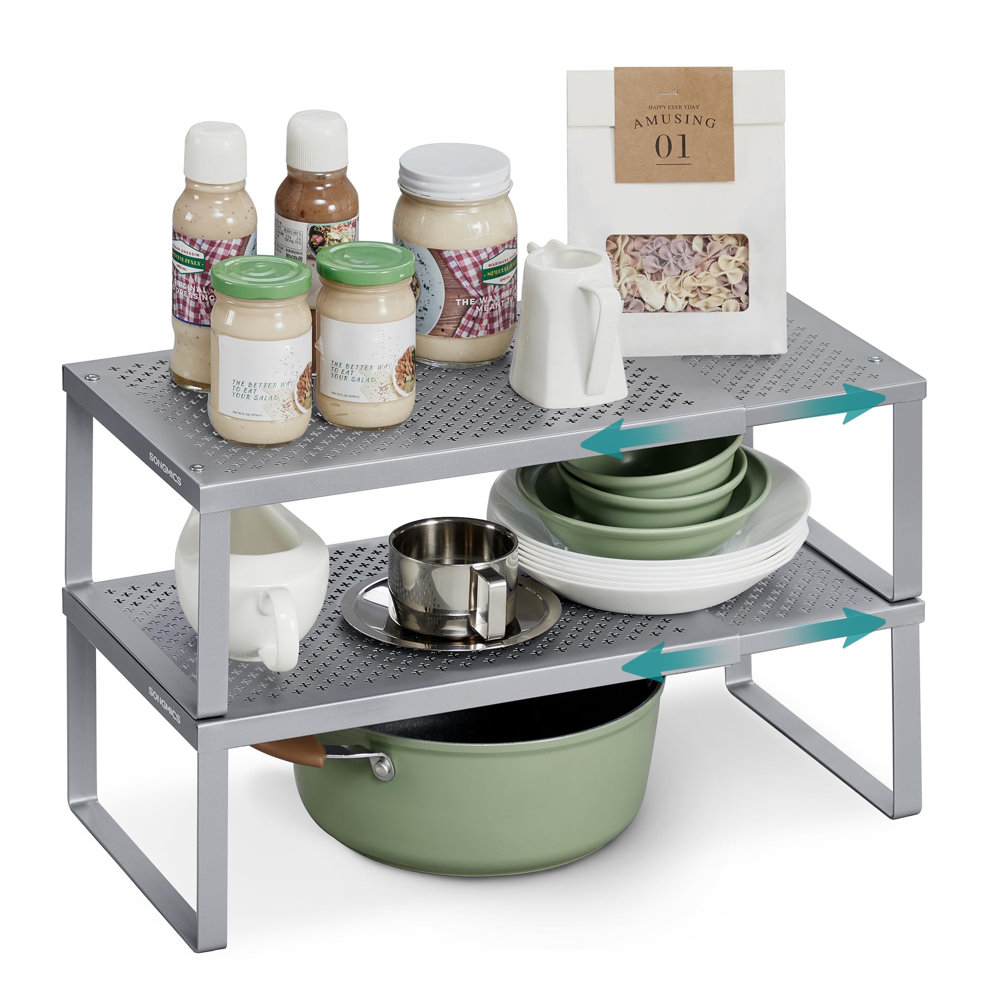SONGMICS Spice Racks, Extendable Cupboard Organisers, Kitchen Countertop Shelves, Set of 2, Space-Saving Metal Storage, Silver KCS402FG01