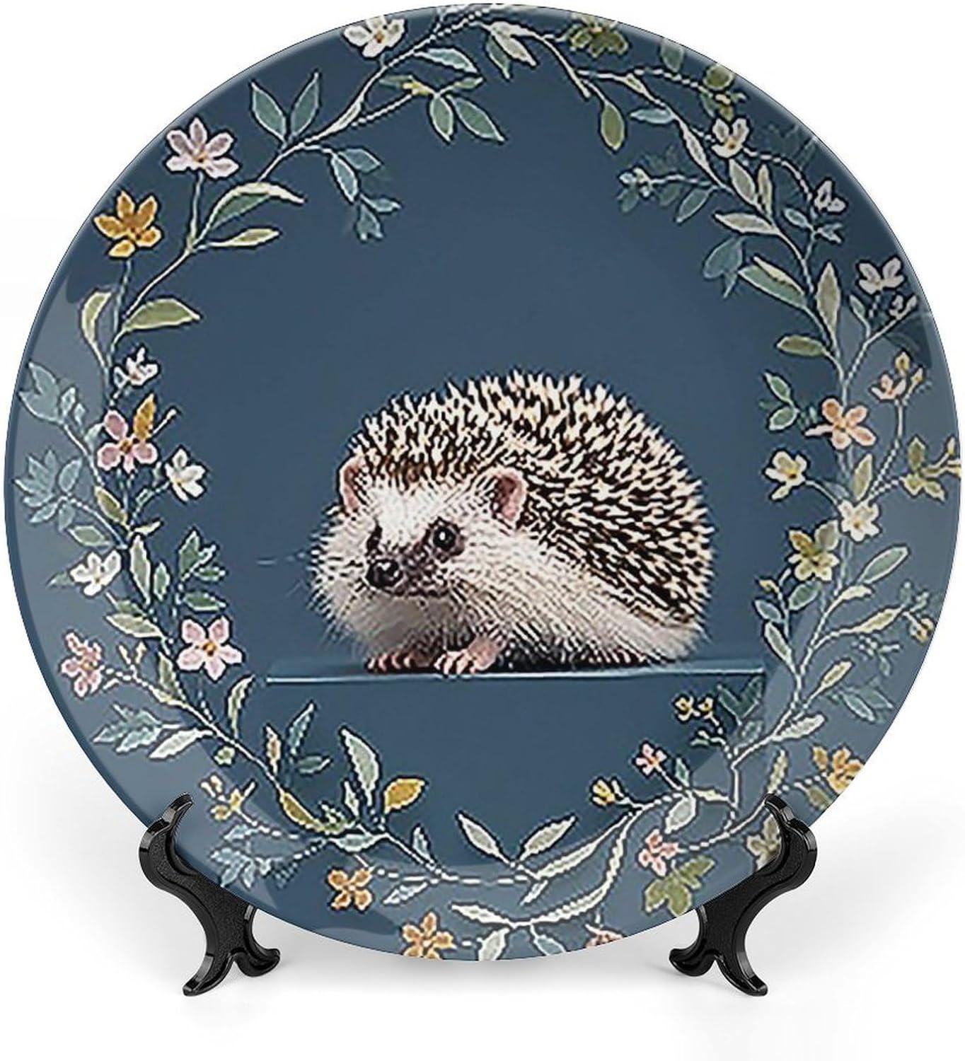 Cute Little Hedgehog Ceramic Plate 10inch Decorative Bone China Wall Hanging Ornament Plates Bohemian Style Dinner Plate with Display Stand Cabinet Display Plates for Home Art Decor