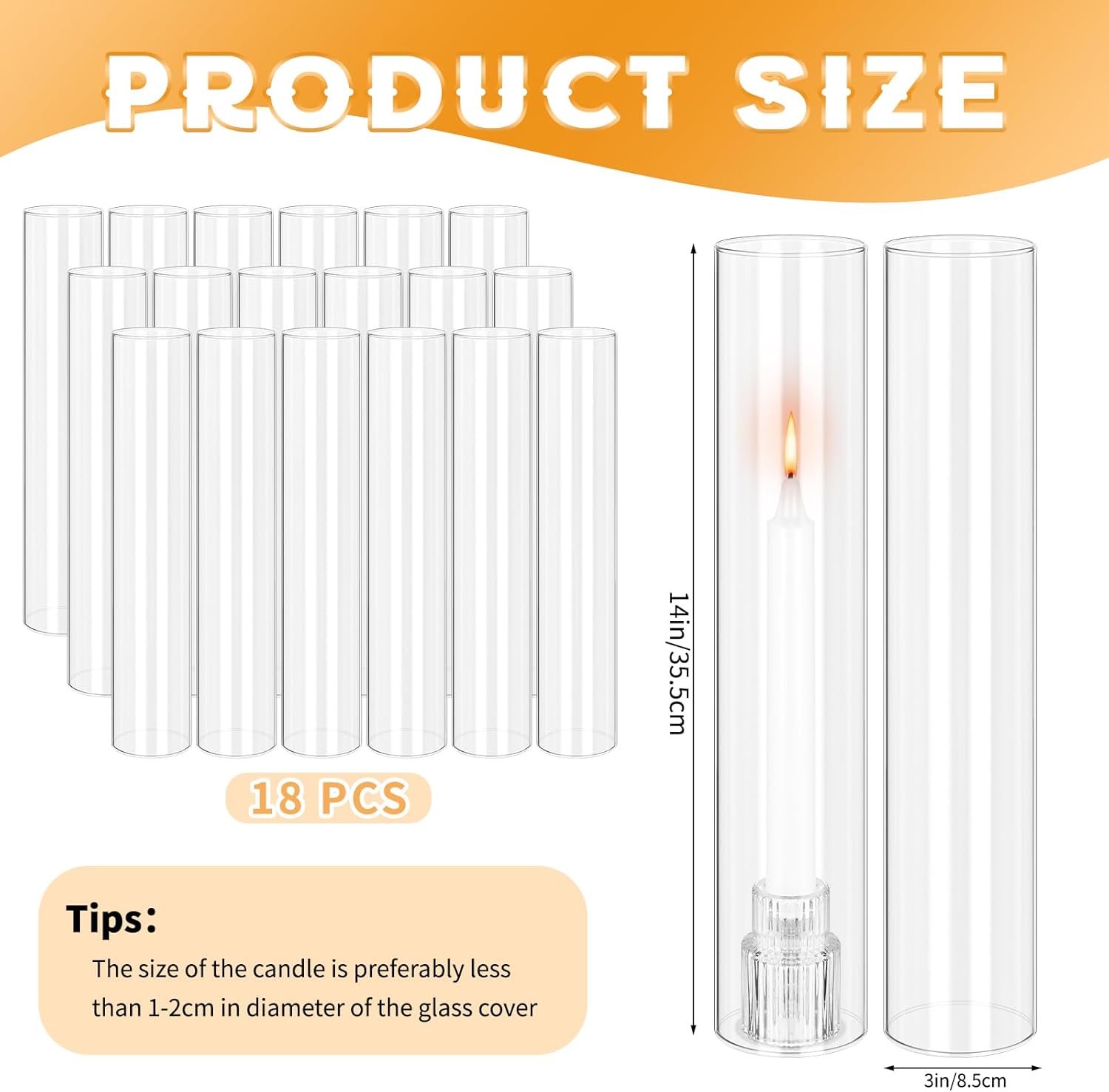 18 PCS Hurricane Candle Holder, 3" W x 14" H Open Ended Glass Candle Cylinder Sleeve, Clear Glass Cylinder Candle Holder, Open Flame Candle Chimney Tube Cover, Bottomless Cylindrical Glass - Image 2