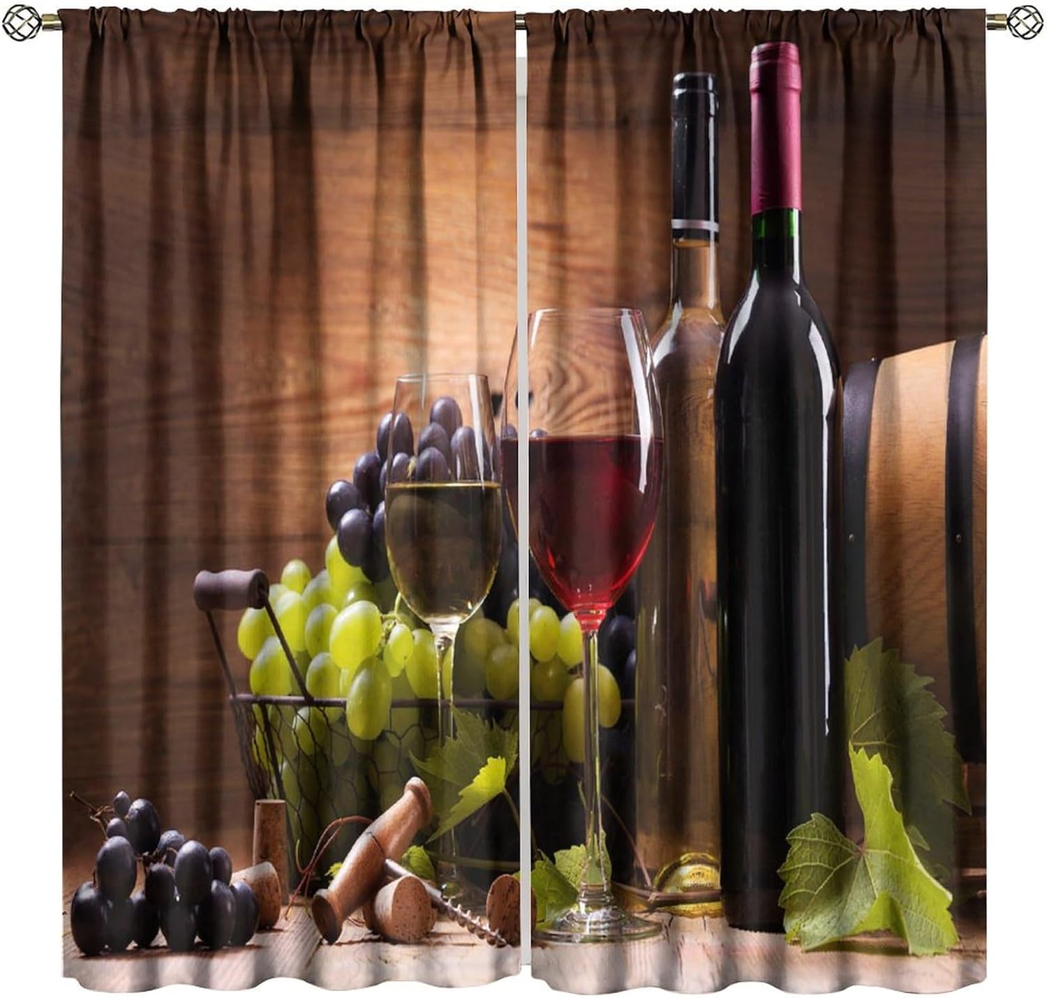 Wine Blackout Window Curtains, Glasses Wine Served Grapes French Gourmet Window Drapes, for Kitchen Living Room Bedroom 27.5(W)*63(L) 2 Panels