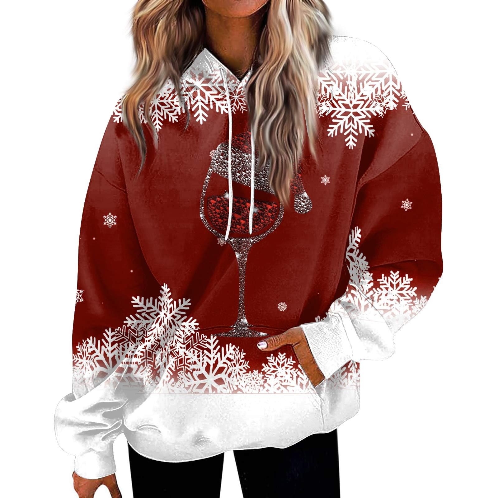 Women's Christmas Sweatshirt Christmas Tree Snowflake Print Pullover Long Sleeve Drawstring Hoodies Casual Loose Fall Tops