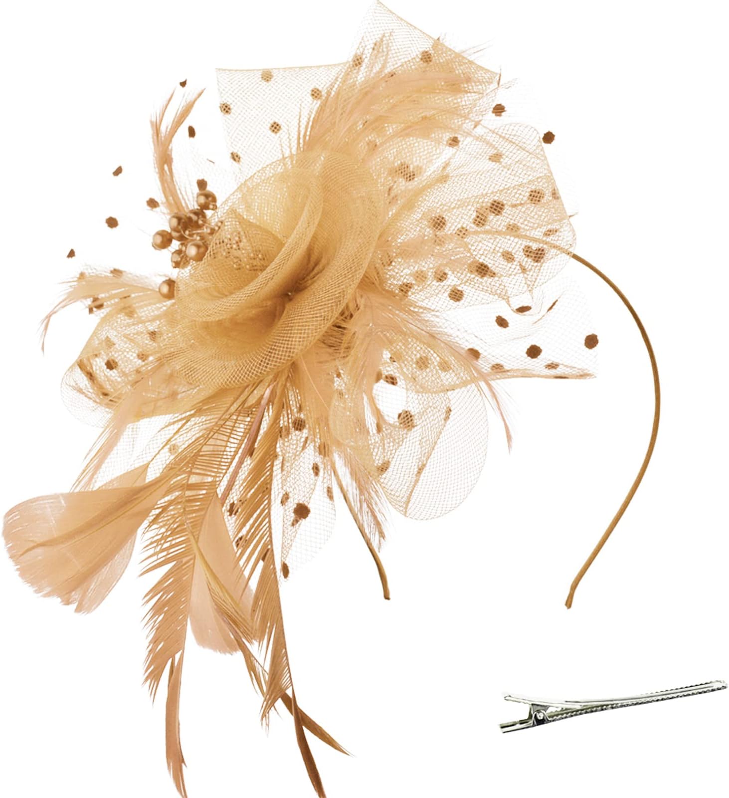 DRESHOW Fascinators Hat Flower Mesh Ribbons Feathers on a Headband and a Forked Clip Cocktail Tea Party Headwear for Girls and Women