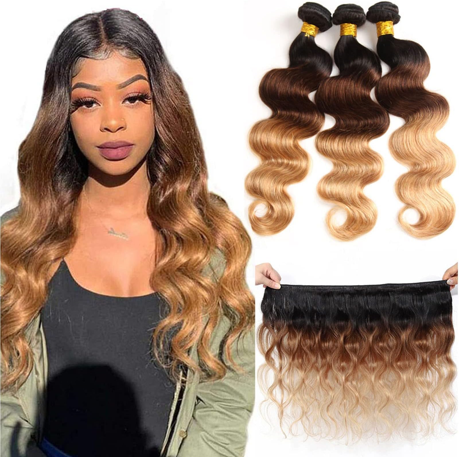 Sakula Ombre Body Wave 3 Tone Virgin Remy Human Hair Bundles with 1b-4-27 Color Brazilian Grade 8A Body Wave Hair 3 Bundles 18 20 22 Inch
