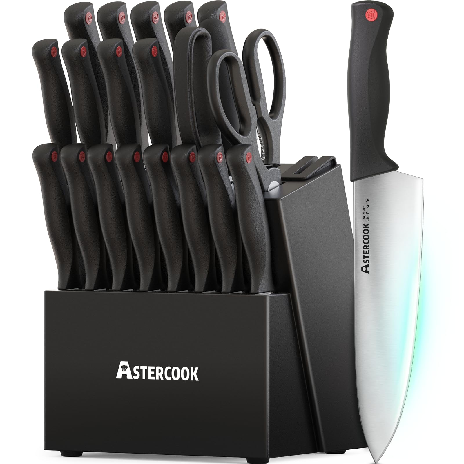Knife Set, Astercook 21 Pieces Knife Sets for Kitchen with Block, Dishwasher Safe Kitchen Knife Set with Built-in Sharpener, Black