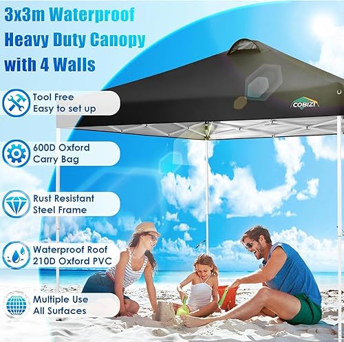 Miniatura 2 de COBIZI Canopy Tienda de campaña desplegable de 10 x 10 pies con 4 paredes laterales, carpas de fiesta de un solo empuje para fiestas, bodas al aire