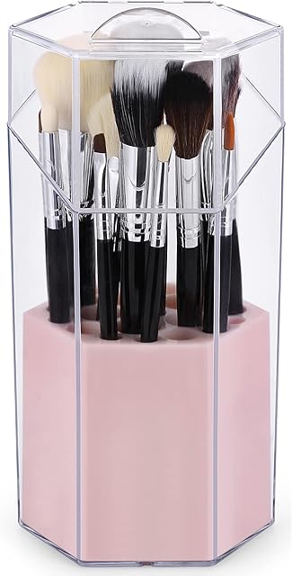 Salarot Makeup Brush Holder with Lid, Acrylic Stylish Dustproof Organiser, Make up Storage Box for Countertop, Bathroom, Vanity, Pink