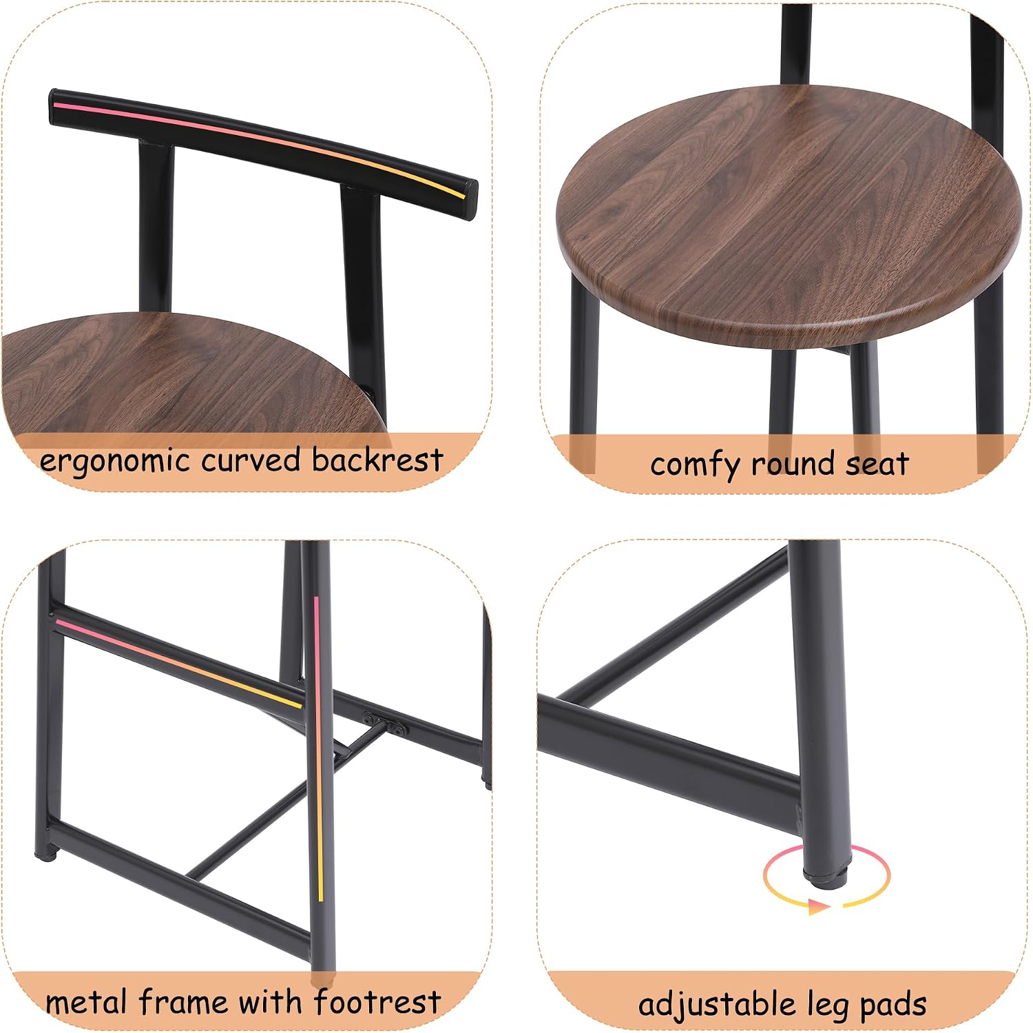 Counter Height Bar Stools Set of 3, Modern Barstools with Metal Frame, Wood Seat, Back and Footrest for Home Pub, Kitchen Island, Bistro, Dinning Room, Walnut Brown