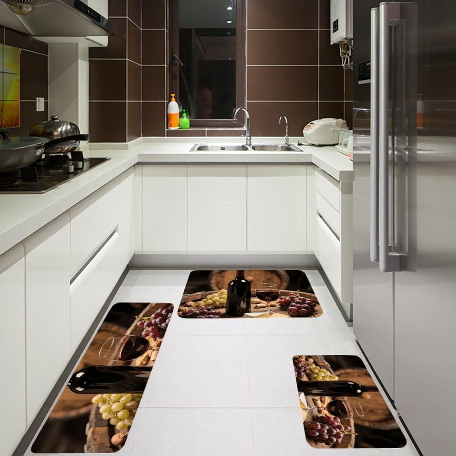 Wine Bottle Grape Kitchen Mats for Floor 3 Pcs Kitchen Rugs