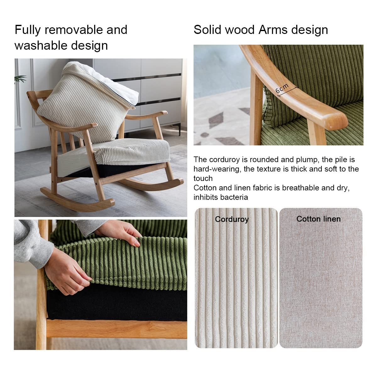 YCKEGEW Sedia A Dondolo Moderna con Poggiapiedi,per Cameretta Sedia da Allattamento in Tessuto per Mamma E Bambino,Sedia da Salotto Imbottita, Struttura in Legno Massiccio (Color : White A)
