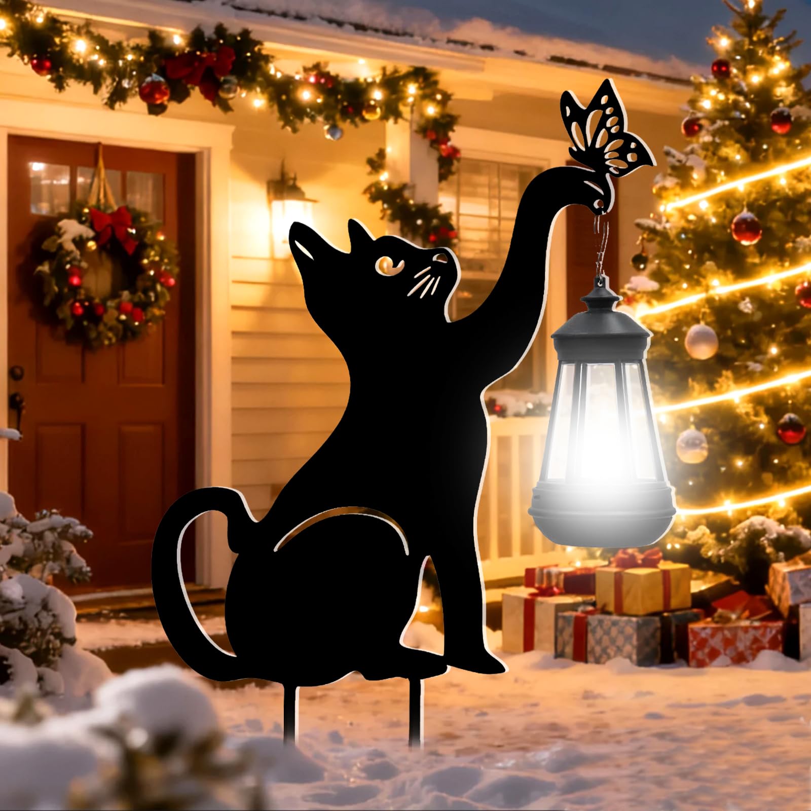 Black Cat Christmas Yard Decorations Outdoor - Solar Lights Outdoor Garden Decor Stake with Butterfly Decorative Metal Housewarming Ornament for Pathway Lawn Patio – Unique Gift for Woman Mom Grandma