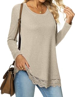 Women's Plus Size Fall Long Sleeve T-Shirt Side Split Lace Hem Tunic Tops for Leggings Loose Crewneck Sweater