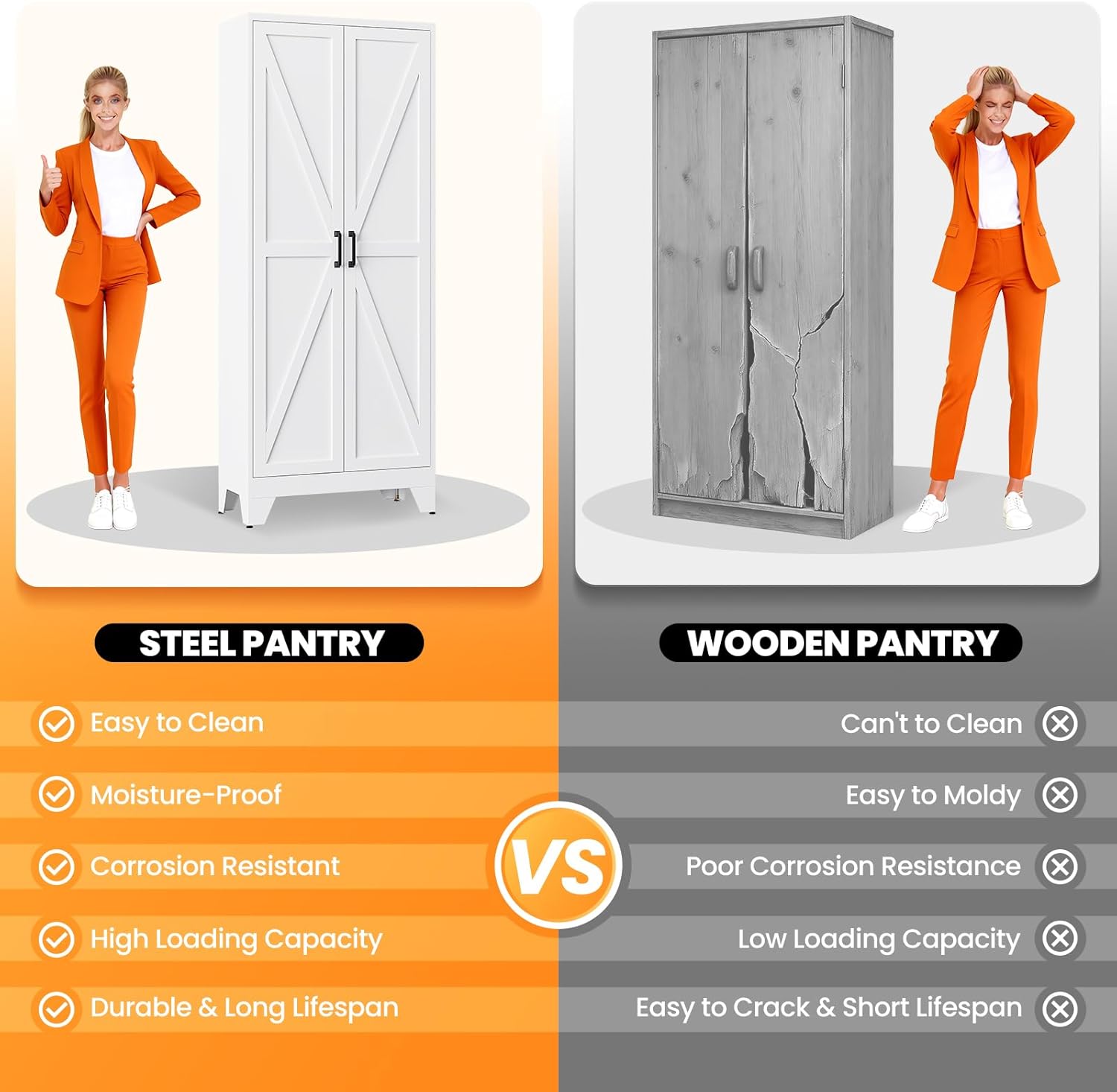 Metal White Storage Cabinet with 2 Doors and 4 Adjustable Shelves, 75" Tall Kitchen Pantry cabinets, Farmhouse Food Pantry Cabinet,5 Tier Freestanding Barn Door Cupboard for Kitchen Dining/Living Room