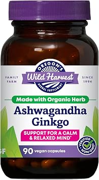 Oregons Wild Harvest Ashwagandha Ginkgo Organic Non-GMO Herbal Supplements Vegan Plant sourced Capsules | Support for Calm and Relaxed Mind, 90 Count