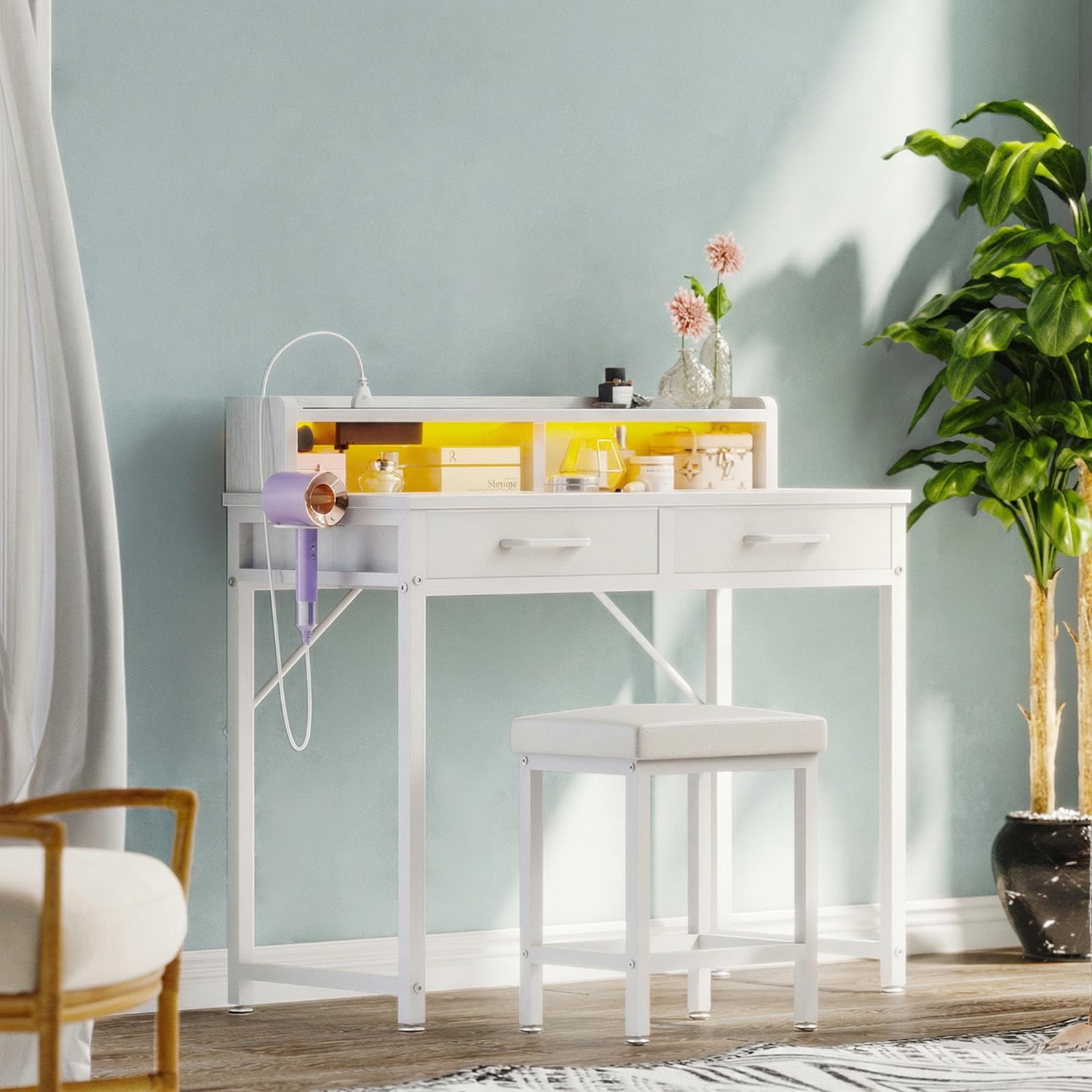 ODK Dressing Table with LED Light Strip, Adjustable Colorful Brightness, Vanity Table with USB Power Outlets