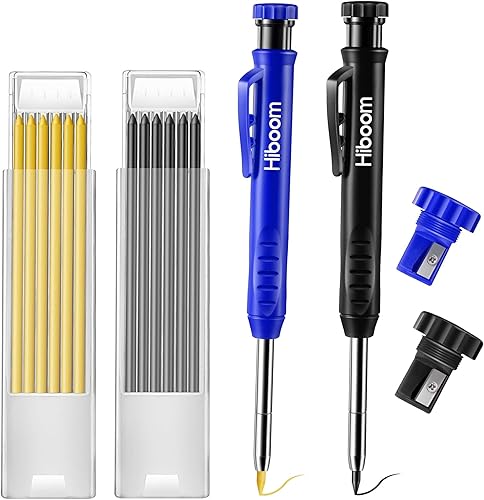 Hiboom Paquete de 2 lápices de carpintero sólidos con 14 repuestos, marcador mecánico de punta larga con afilador integrado para carpintero Negro