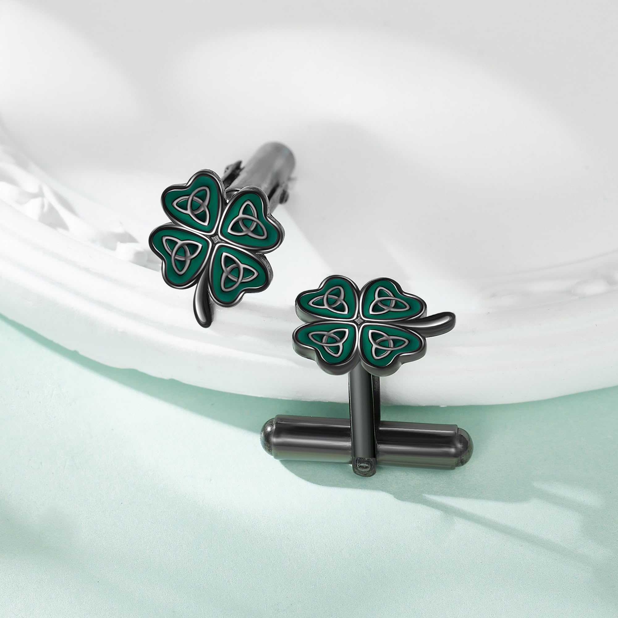 Gemelli a quadrifoglio in argento Sterling con quadrifoglio nero verde smoking gemelli per marito padre fratello, Taglia unica, Argento sterling, Nessuna pietra preziosa