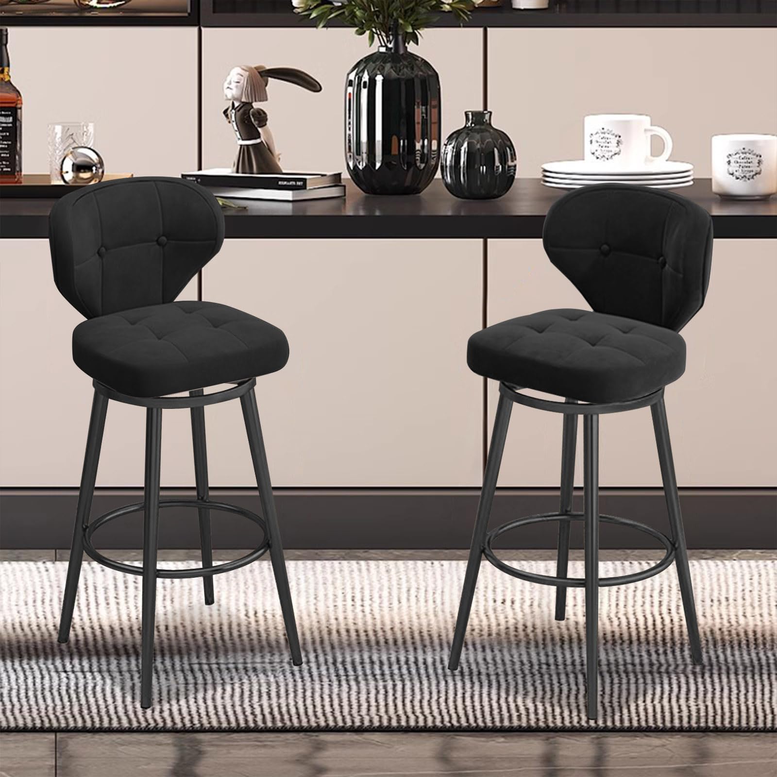 Set 4 sgabelli in velluto rosa antico con gambe nere - Finesse