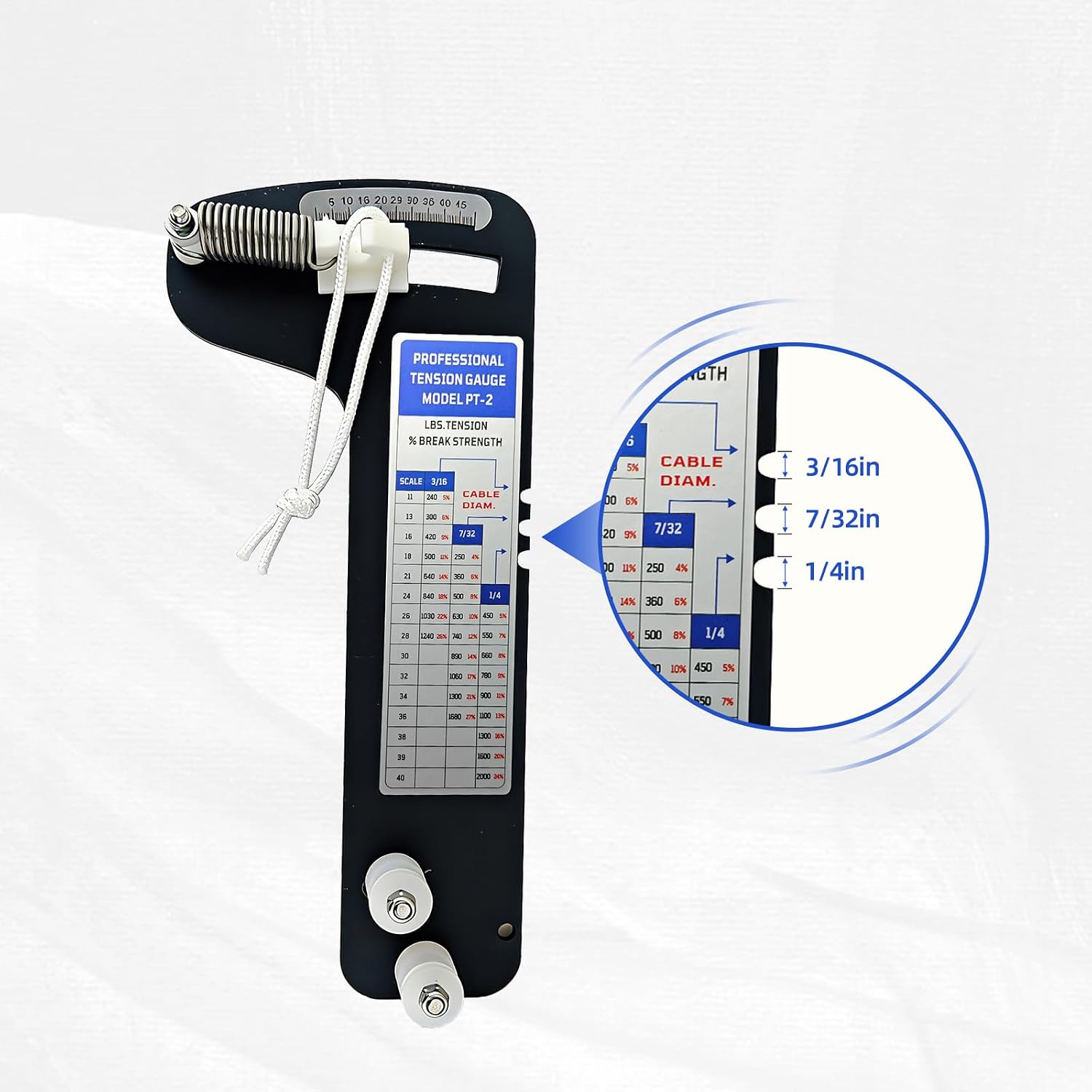 PT-2 Cable Tension Gauge, Hands Free Wire Rope Tool for 3/16", 7/32", 1/4" Cables, 2000 lb Range, ±5% Accuracy, Marine Grade for Optimal Sail Rigging & Fencing