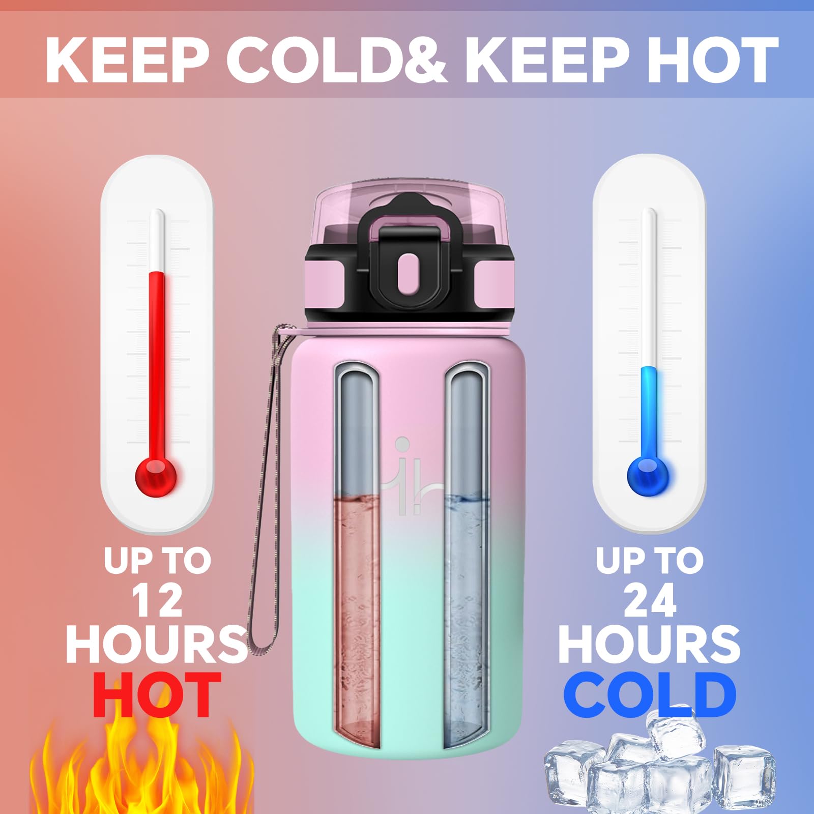 Borraccia Termica - 500 ml - Borraccia Acciaio Inox - Borracia con Cannuccia - Senza Perdite- Borracce Bambini - Mantiene Caldo per 12 Ore/Freddo 24 Ore, Termos per Scuole, Campeggio, Uffici - 5