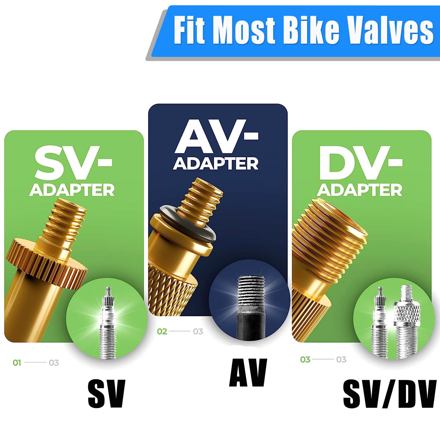 Fahrrad-Ventiladapter-Set, konvertiert Presta auf Schrader, Schrader auf Presta, Presta auf Presta-Ventilverlängerung, passend für DV SV AV Ventile (7 Stück)