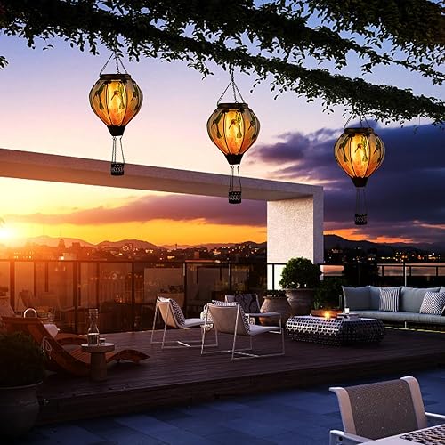 Miniatura 6 de Linterna solar de globo de aire caliente, luces de colibrí, llama parpadeante, luces colgantes solares para exteriores, faroles solares impermeables