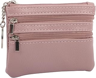 Mini Leather Coin Purse with Key Ring, 3 Zipper Pockets Wallet Card Holder with Key Ring Cash Pouch Small Coin Purse Wallet for Men Women Pink