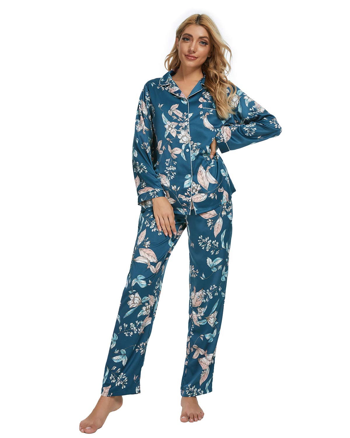 GOSO Pijama para Mujer - Pijama de Manga Larga con Botones para Mujer - Conjunto de Pijama de Manga Larga Floral para Mujer