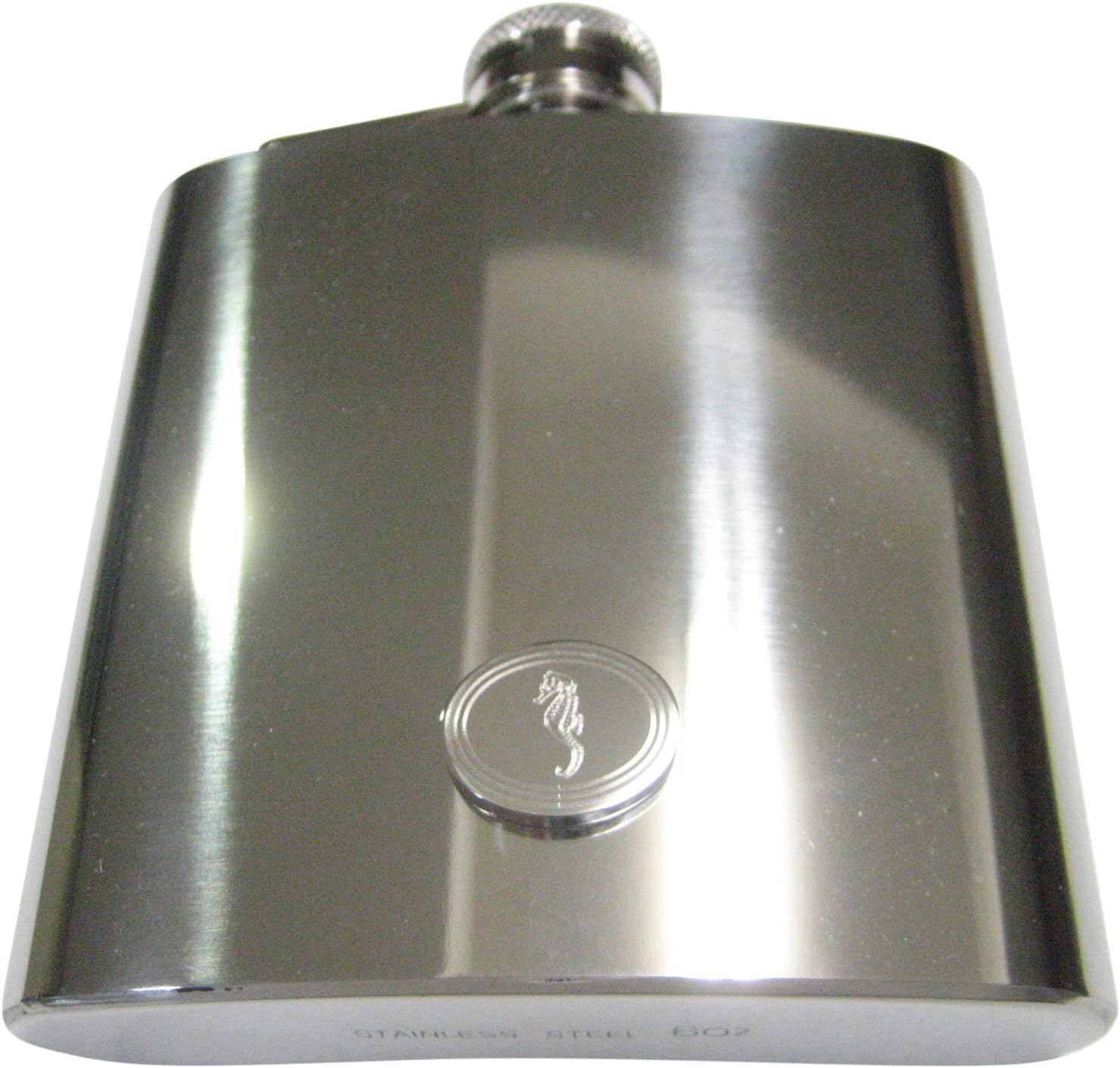 Kiola Designs Silver Toned Etched Oval Sea Horse 6 Oz. Stainless Steel Flask