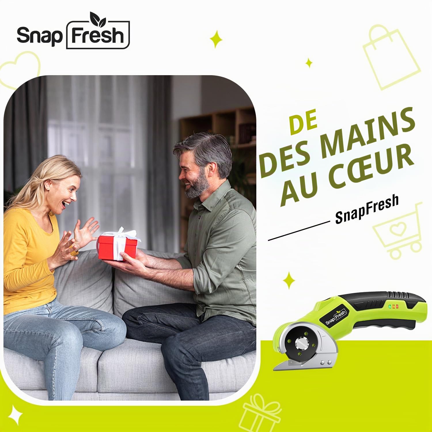 SnapFresh Ciseaux Électriques Sans Fil Cutter Rotatif avec 2 Lames Auto-Affûtantes SKS7, LED & Sac de Rangement – Akku Universel Coupe Carton, Papier, Tapis, Cuir, Feutre, PVC