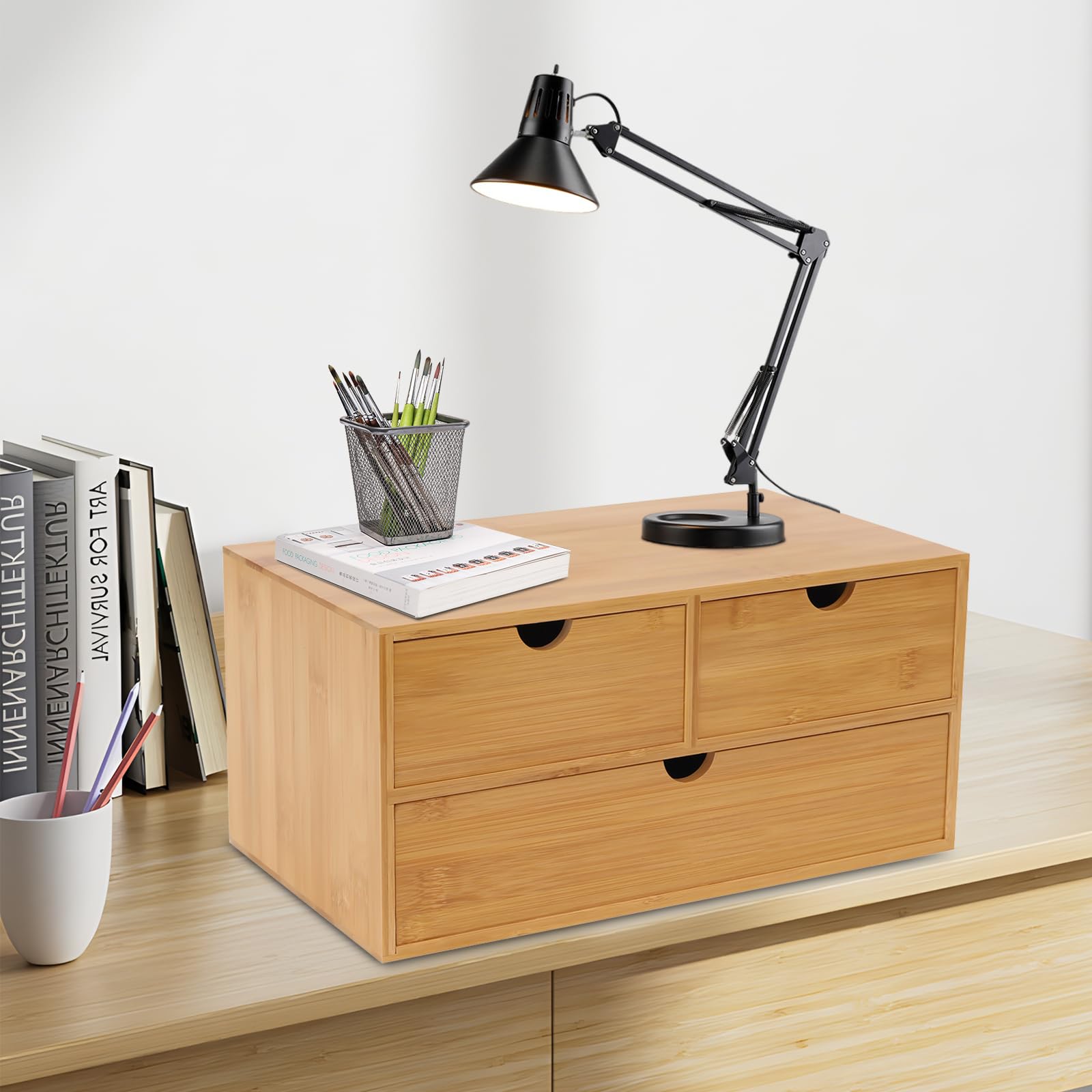 Schubladenbox Schubladen Box,Bambus Schreibtisch Organizer mit 3 Schubladen,33 * 19 * 16cm,für Briefmarken, Notizen, Papierclips, Schere (Auf 2 Ab 1 Unentschieden) (A3)
